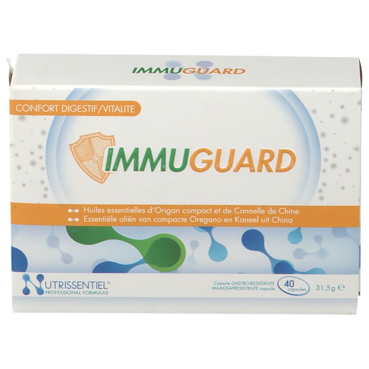 Boîte "IMMUGUARD". Contient 40 gélules. Éléments graphiques bleus et orange.
