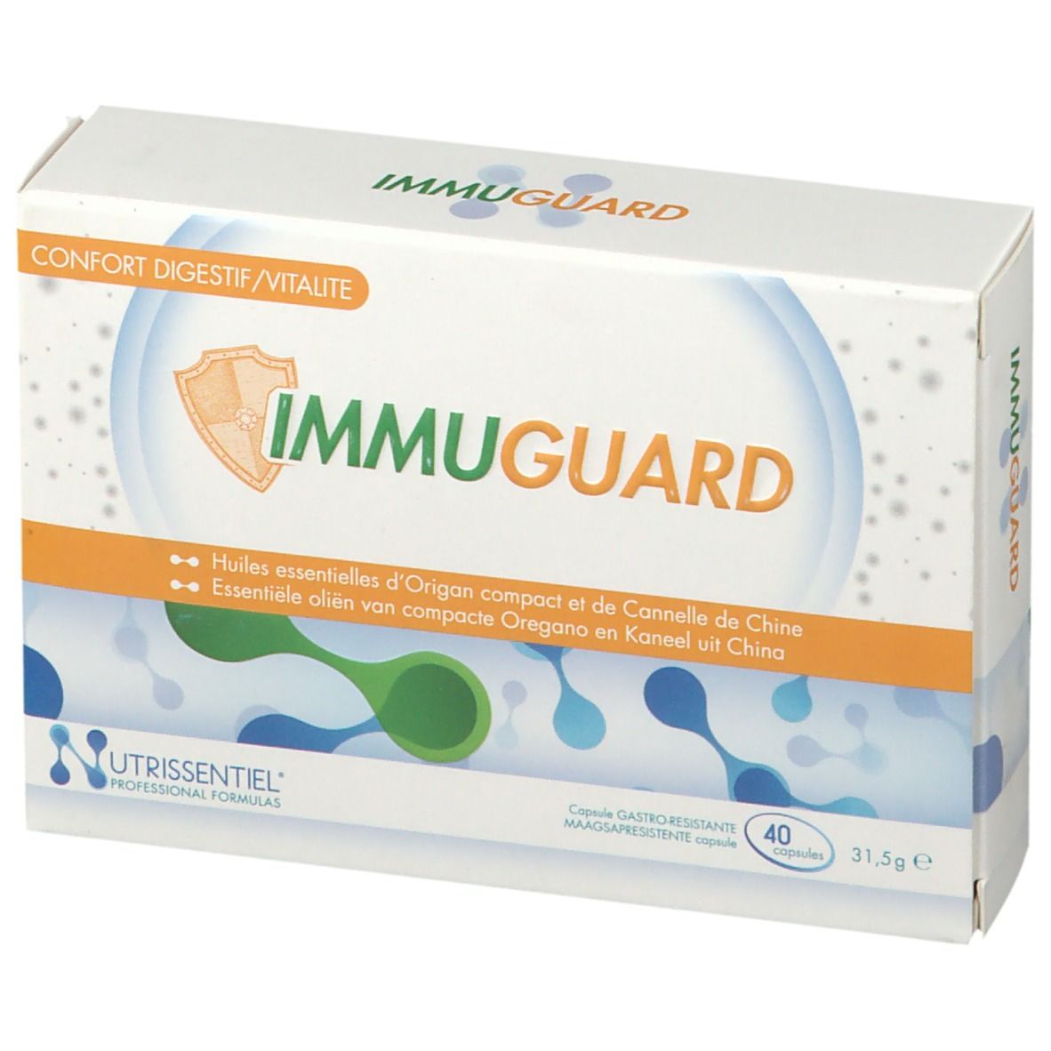 Boîte "IMMUGUARD". Contient 40 gélules. Éléments graphiques bleus et orange.