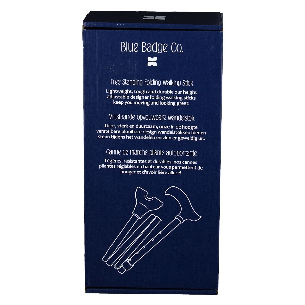 Emballage du produit, bleu foncé. Inscription: Free Standing Folding Walking Stick. Logo: fleur. Texte en anglais, néerlandais et français. Illustrations.