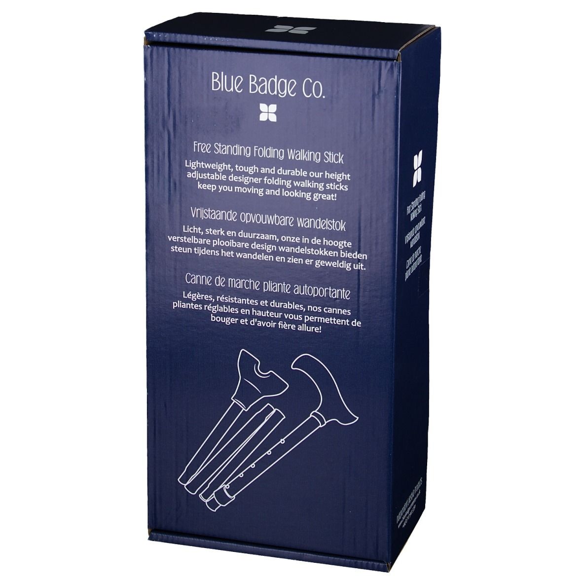 Emballage du produit, bleu foncé. Inscription: Free Standing Folding Walking Stick. Logo: fleur. Texte en anglais, néerlandais et français. Illustrations.