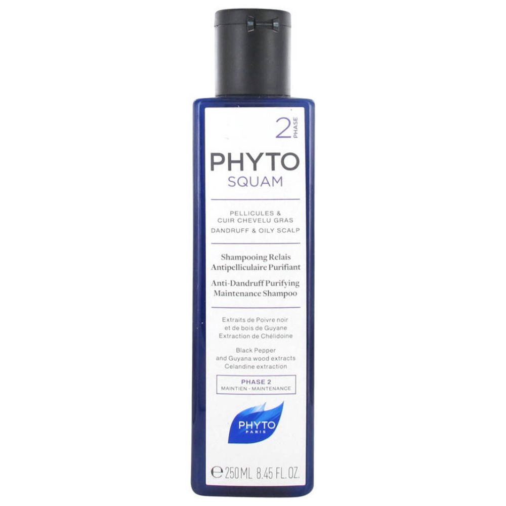 Flacon bleu foncé avec bouchon noir. Inscription: PHYTO SQUAM. Shampooing antipelliculaire pour cuir chevelu gras.