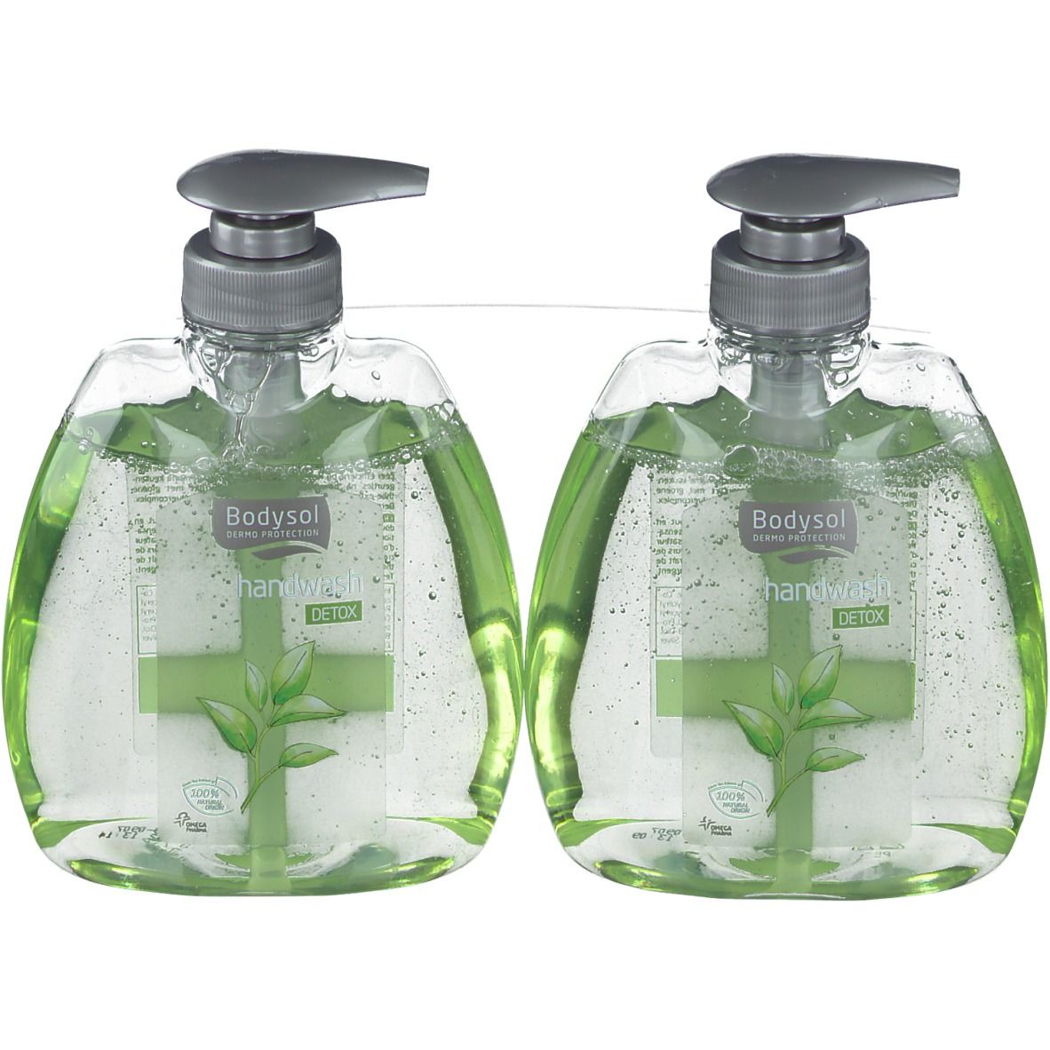 Deux distributeurs de savon transparents avec contenu vert. Pompes grises. Inscription: Bodysol Handwash Detox. Motif végétal.