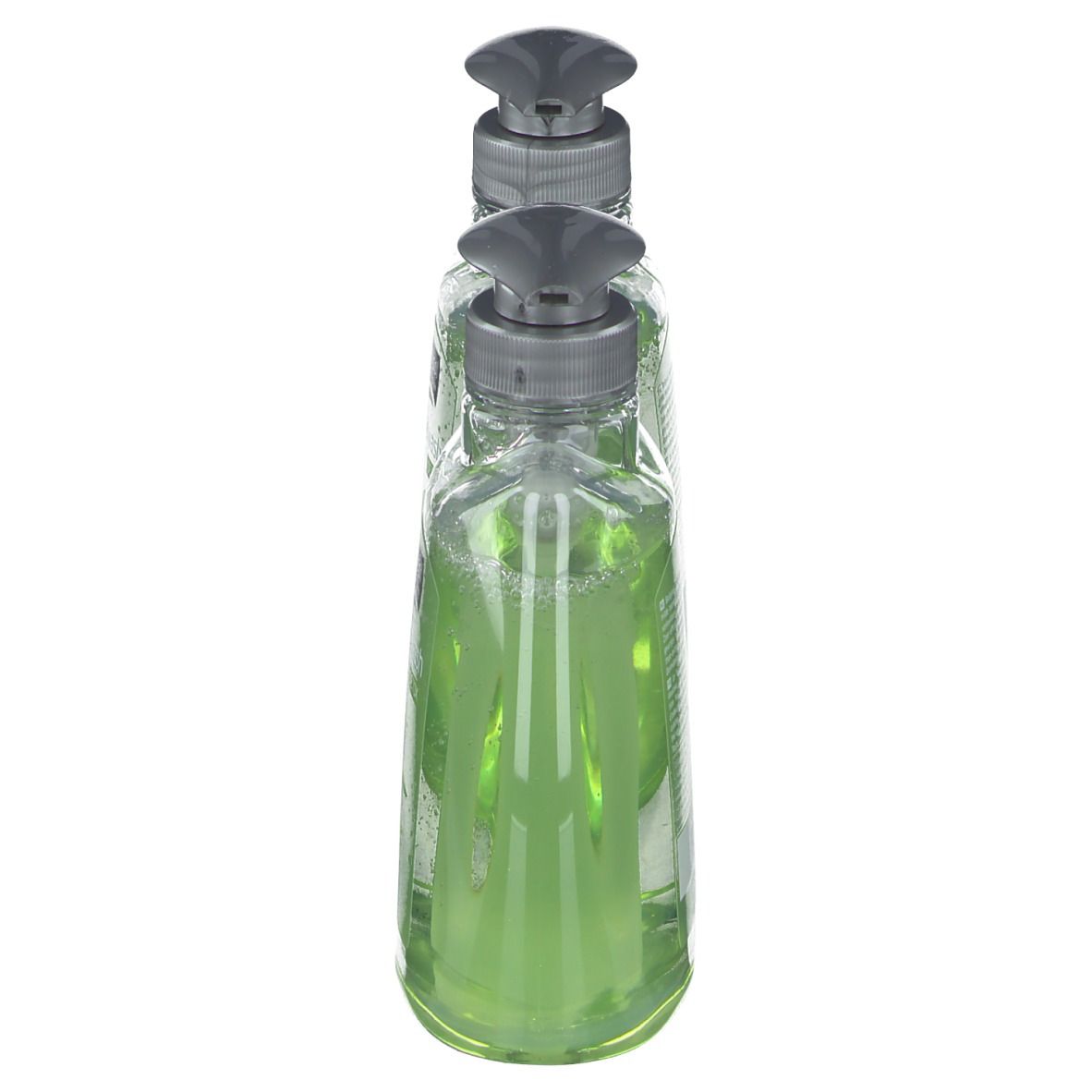 Deux distributeurs de savon, vue latérale. Bouteilles transparentes avec contenu vert. Pompes grises. Bodysol Handwash Detox.
