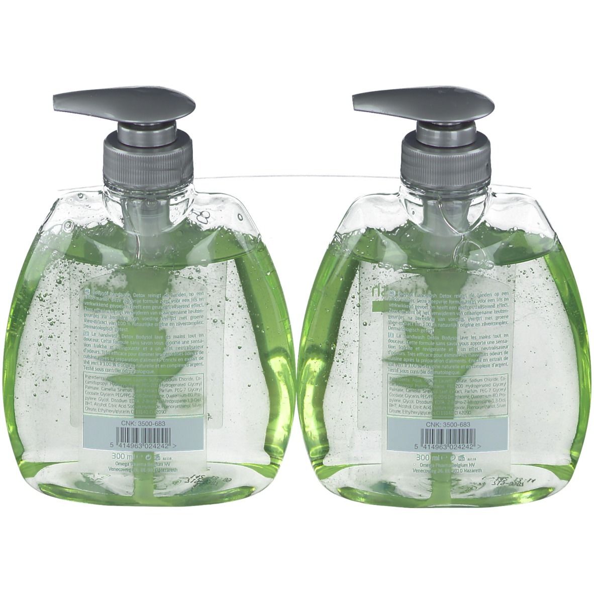 Deux distributeurs de savon, vue arrière. Bouteilles transparentes avec contenu vert. Pompes grises. Étiquettes avec texte et motif végétal.