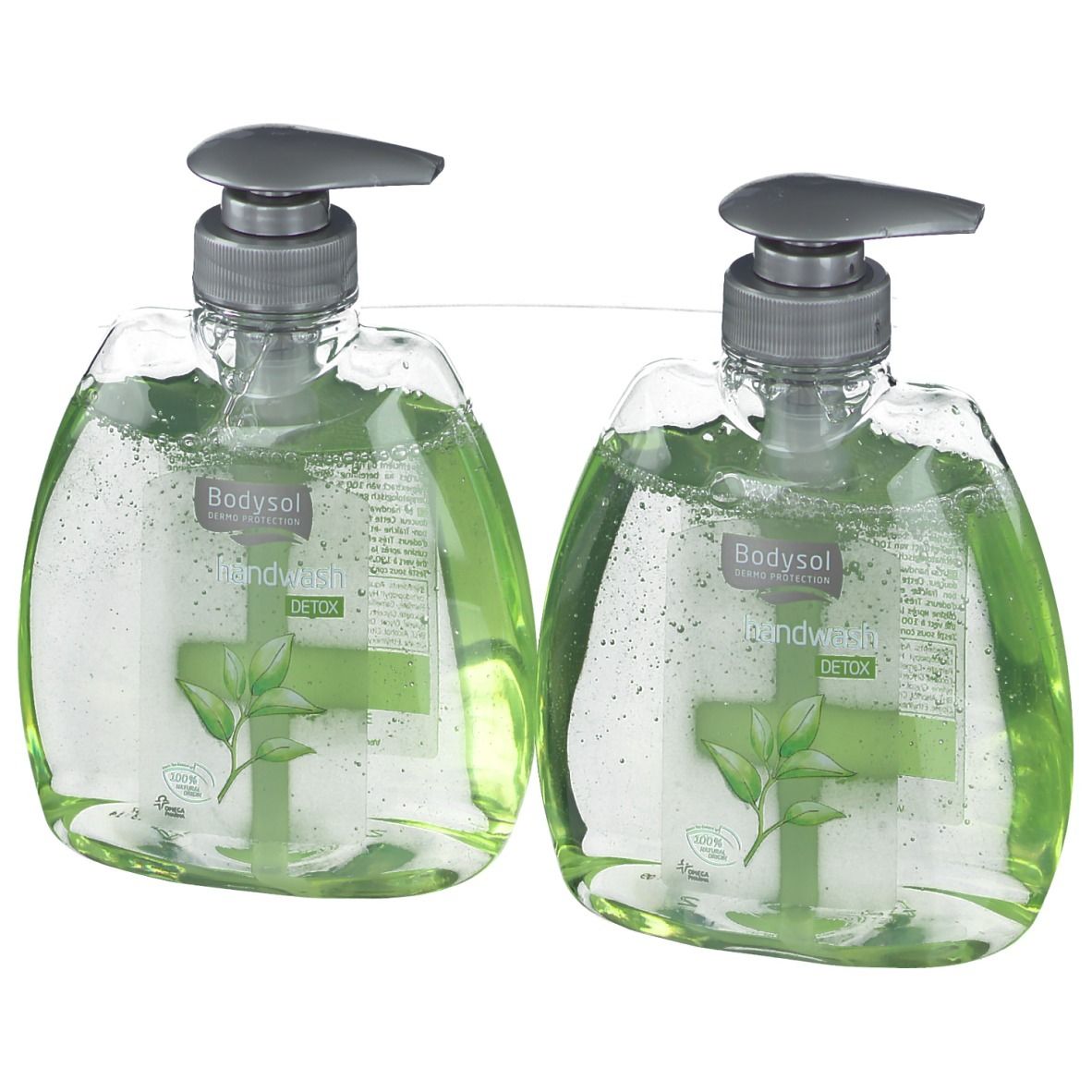 Deux distributeurs de savon avec contenu vert. Pompes grises. Inscription: Bodysol Handwash Detox. Motif végétal sur l'étiquette.