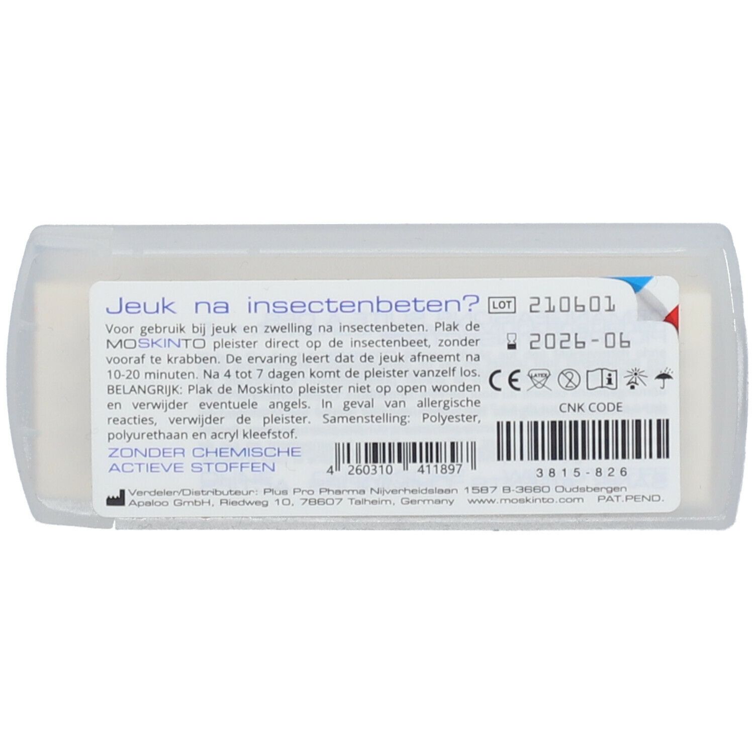 Achterkant van de Moskinto-verpakking. Tekst in meerdere talen, lotnummer, vervaldatum, barcode, CE-markering.