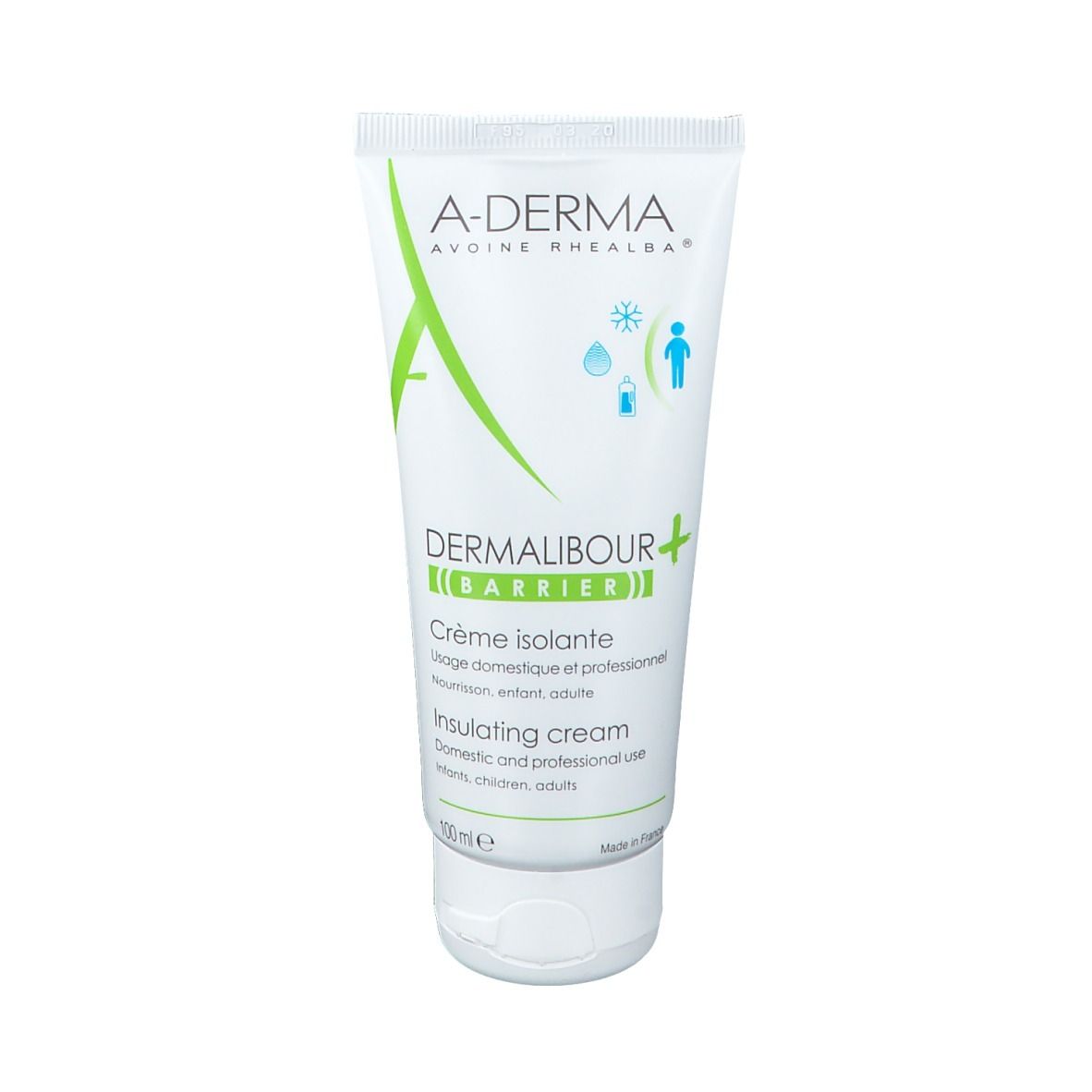 Witte tube met groene en zwarte tekst. A-DERMA en DERMALIBOUR+ zijn zichtbaar. Crème isolante.