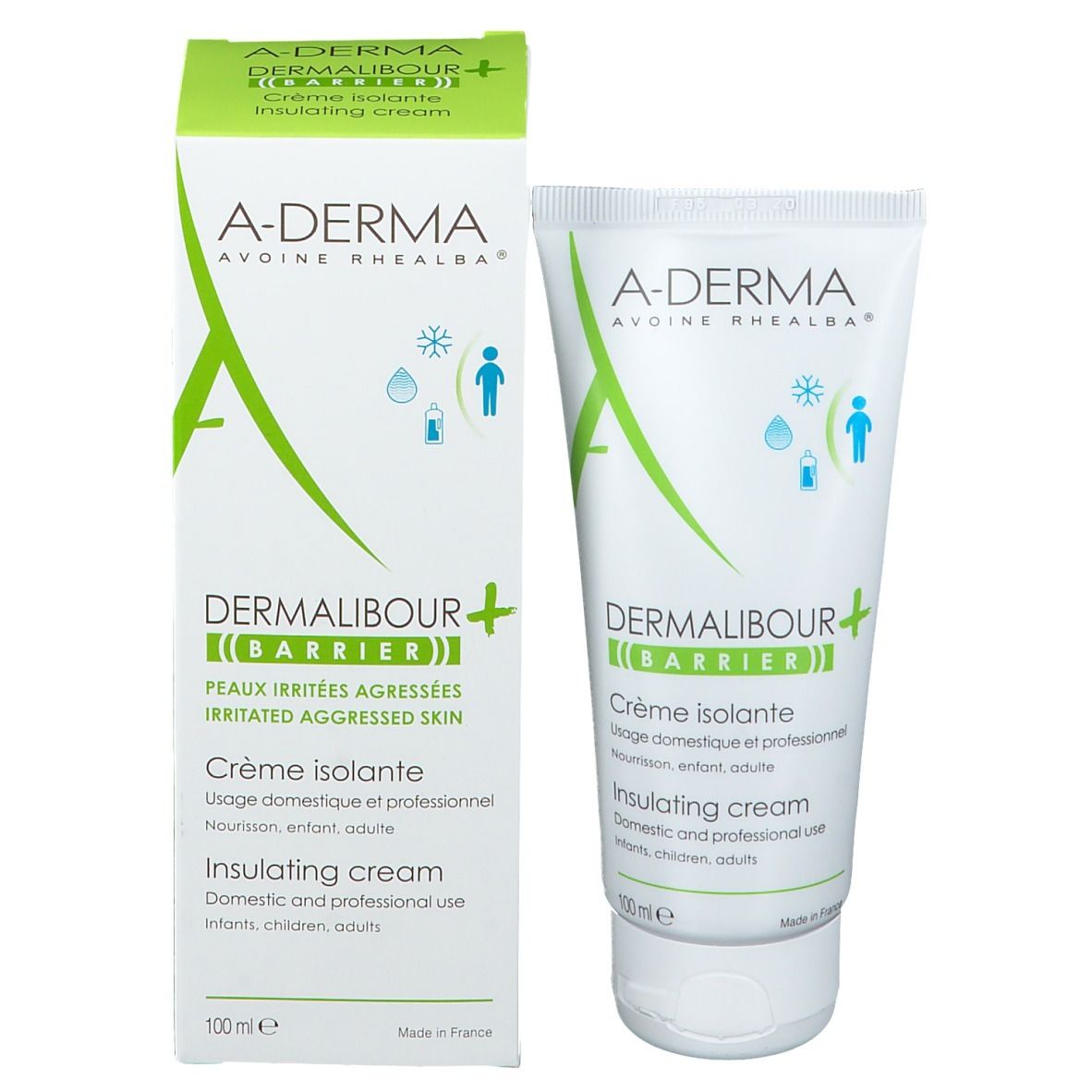 Productverpakking met tube en doos. A-DERMA, DERMALIBOUR+ en Crème isolante zijn zichtbaar.