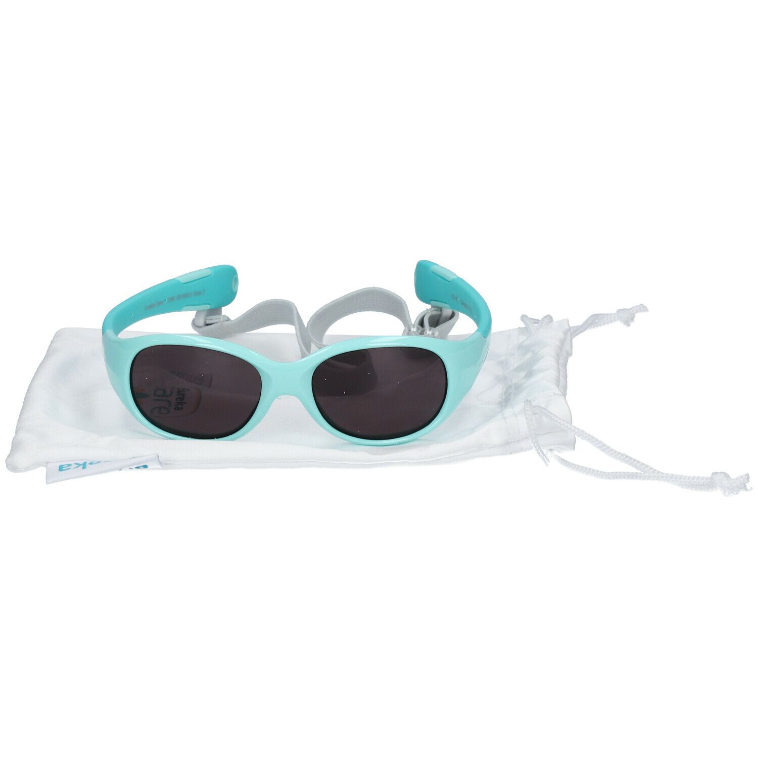 Lunettes de soleil turquoise avec branches grises et étui. Verres foncés. Pour enfants de 12-24 mois.