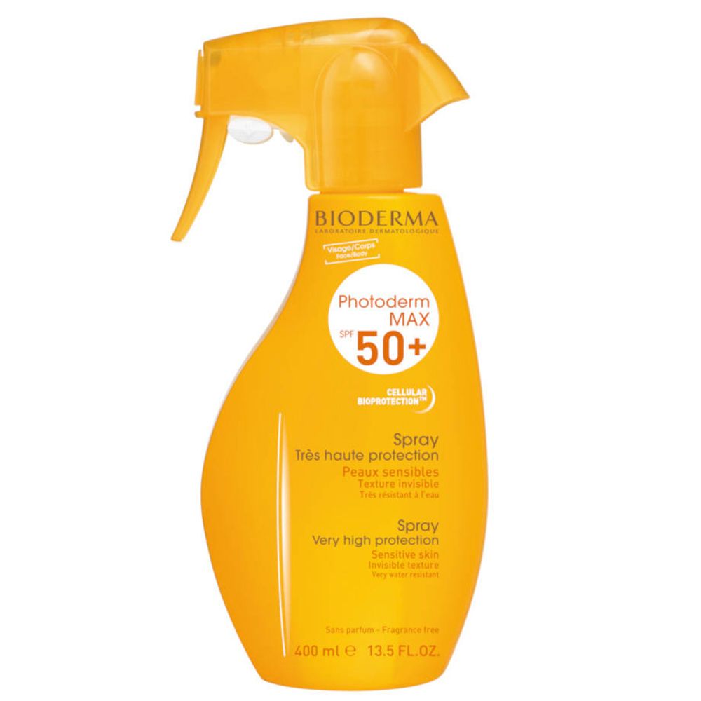 Gele spuitfles met BIODERMA-logo en Photoderm MAX SPF 50+ opschrift. Bevat tekst in het Frans en Engels.