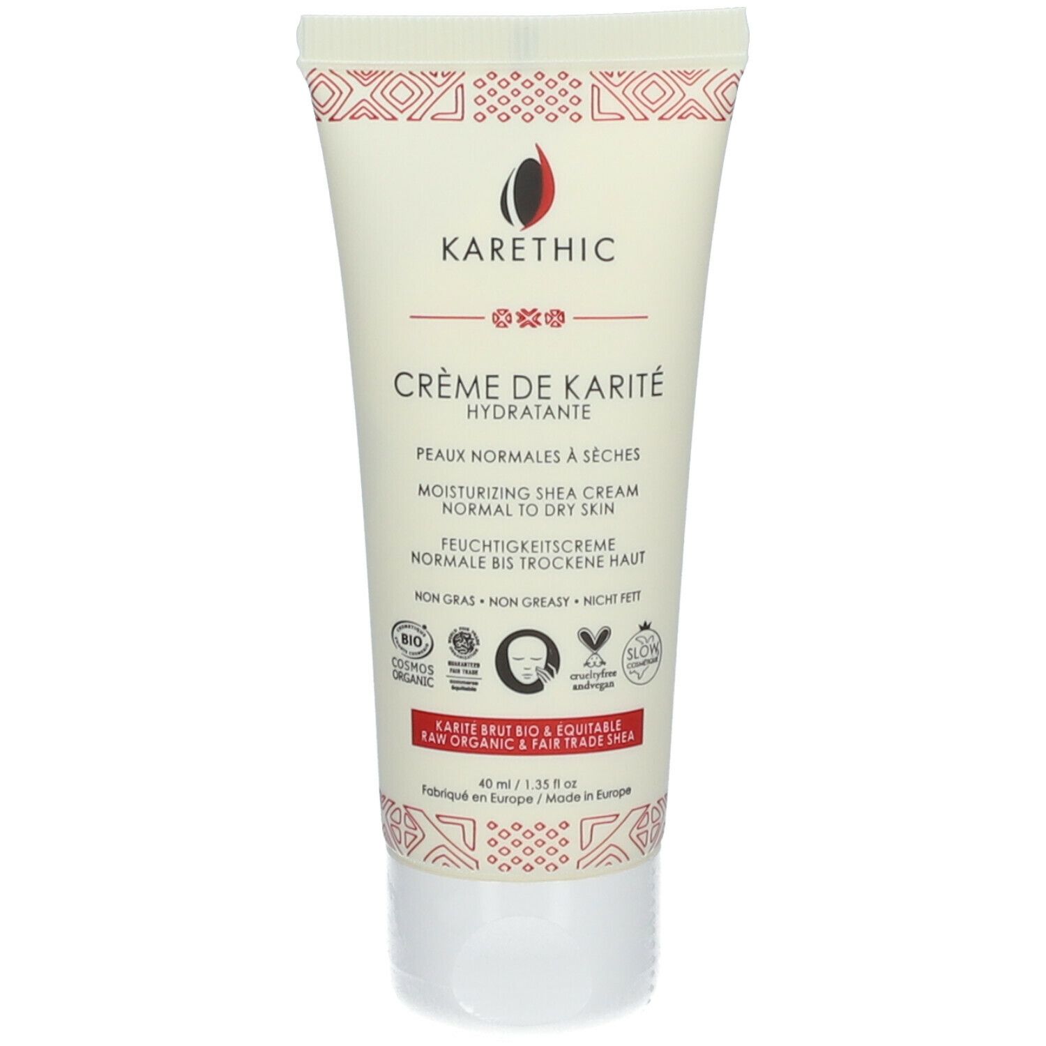 Tube de crème Karethic blanc, motifs rouges. Inscription : Crème de Karité, Peaux normales à sèches. Certification bio.