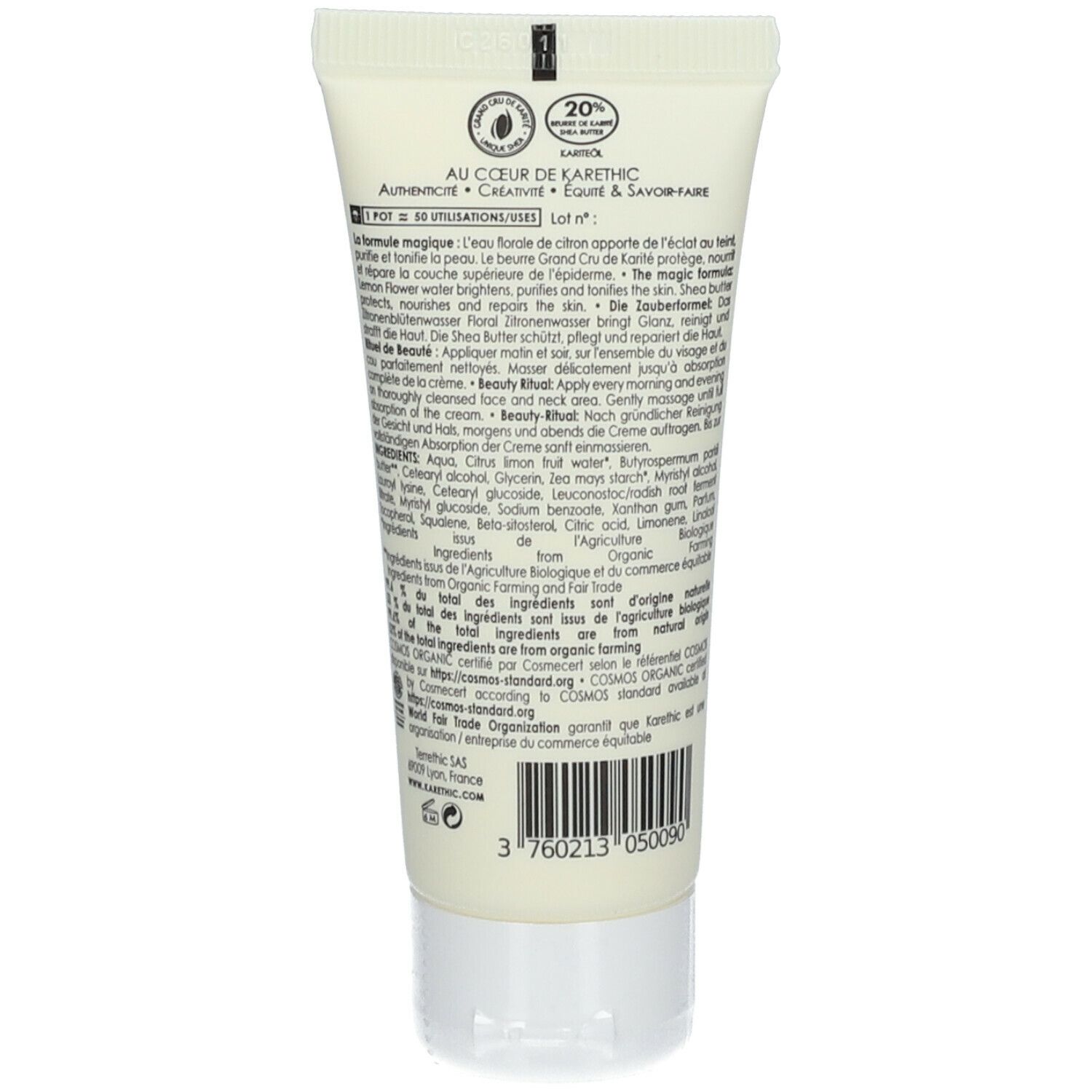 Dos du tube de crème. Texte : ingrédients, mode d'emploi. Certification bio. Code-barres et numéro de lot.