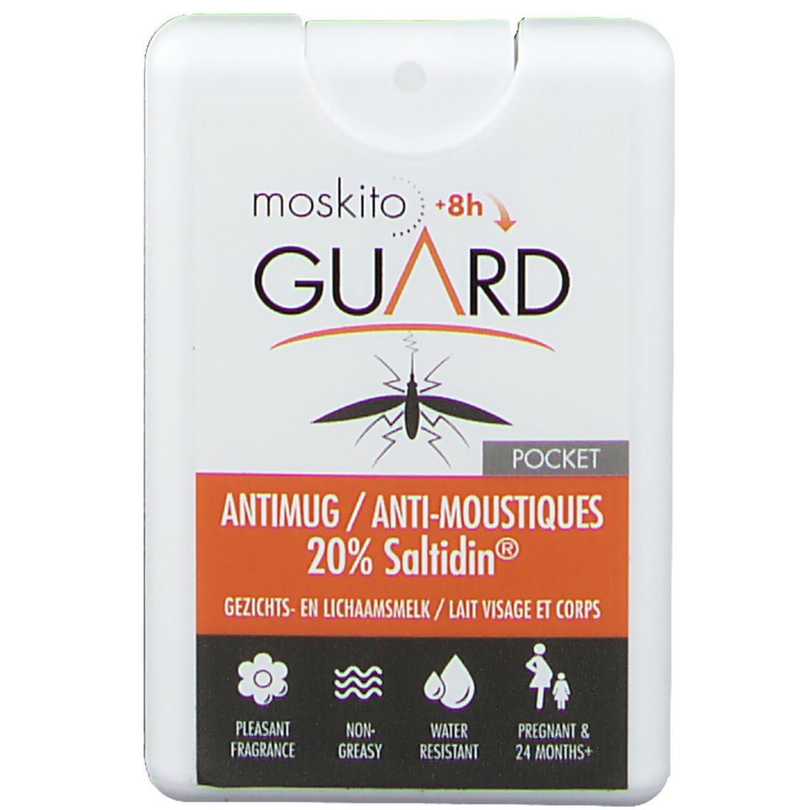 Spray blanc avec texte GUARD, symbole d'insecte et texte. Contient 20% Saltidin. Pour visage et corps.