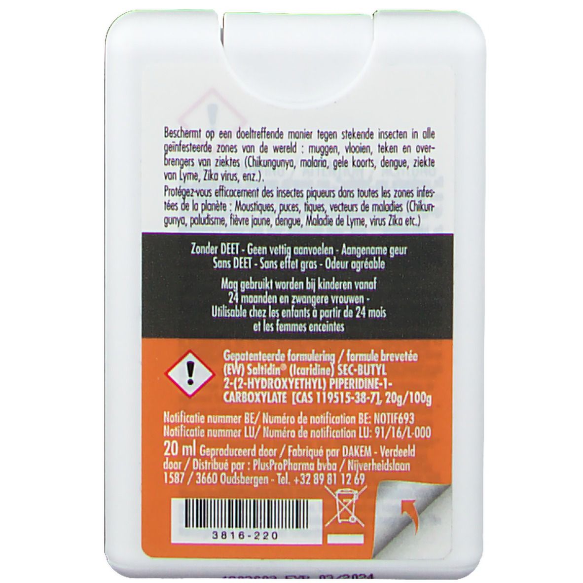 Dos du spray avec texte multilingue. Contient des informations sur les ingrédients et les avertissements.