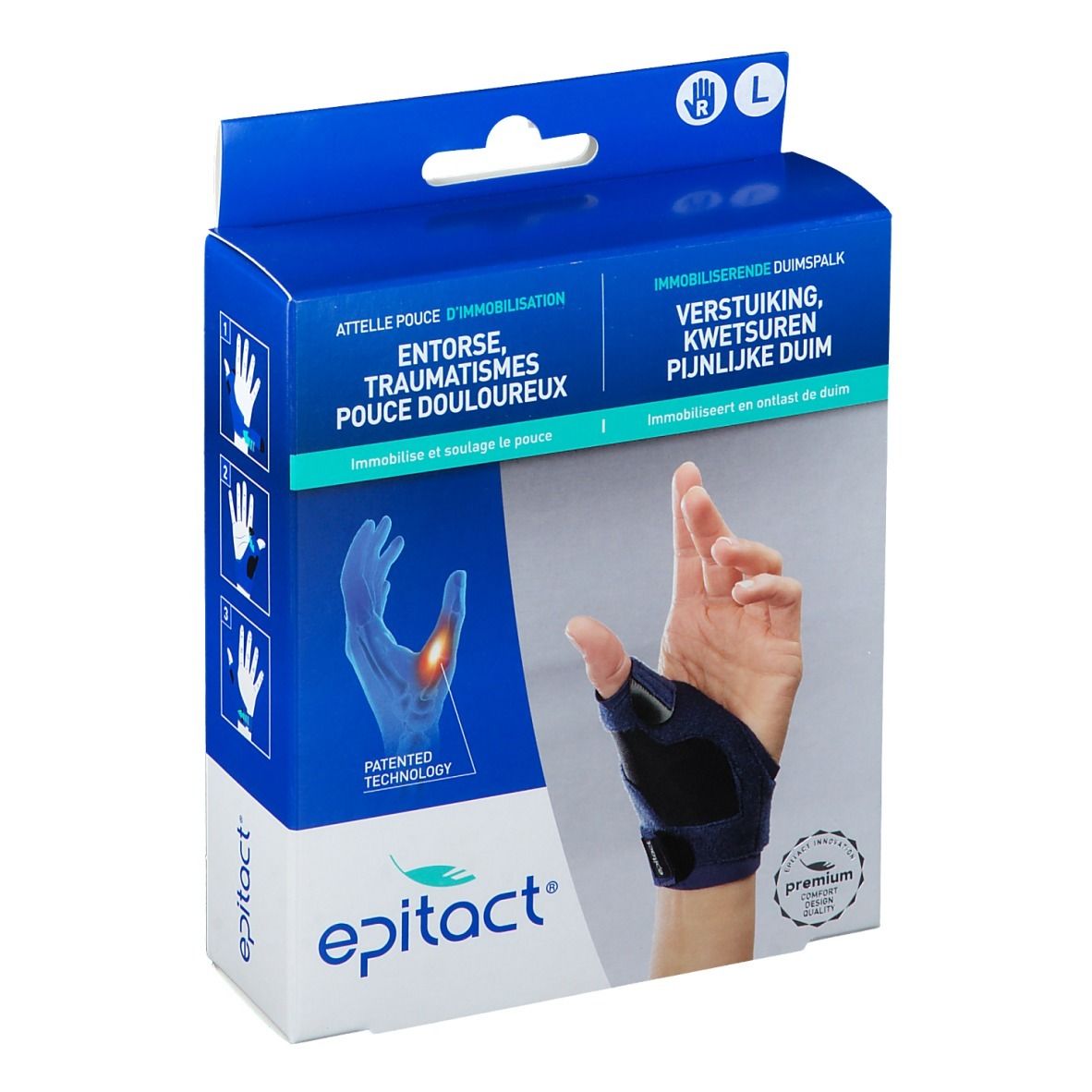Boîte bleue et blanche Epitact. Image du produit et taille L. Indications en français. Attelle pour pouce, entorse, traumatismes.