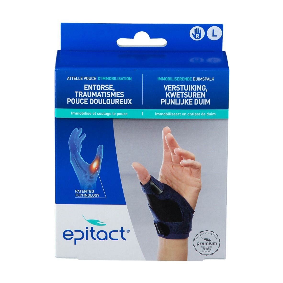 Boîte Epitact, image du produit et taille L. Indications en français. Attelle pour pouce, entorse, traumatismes.