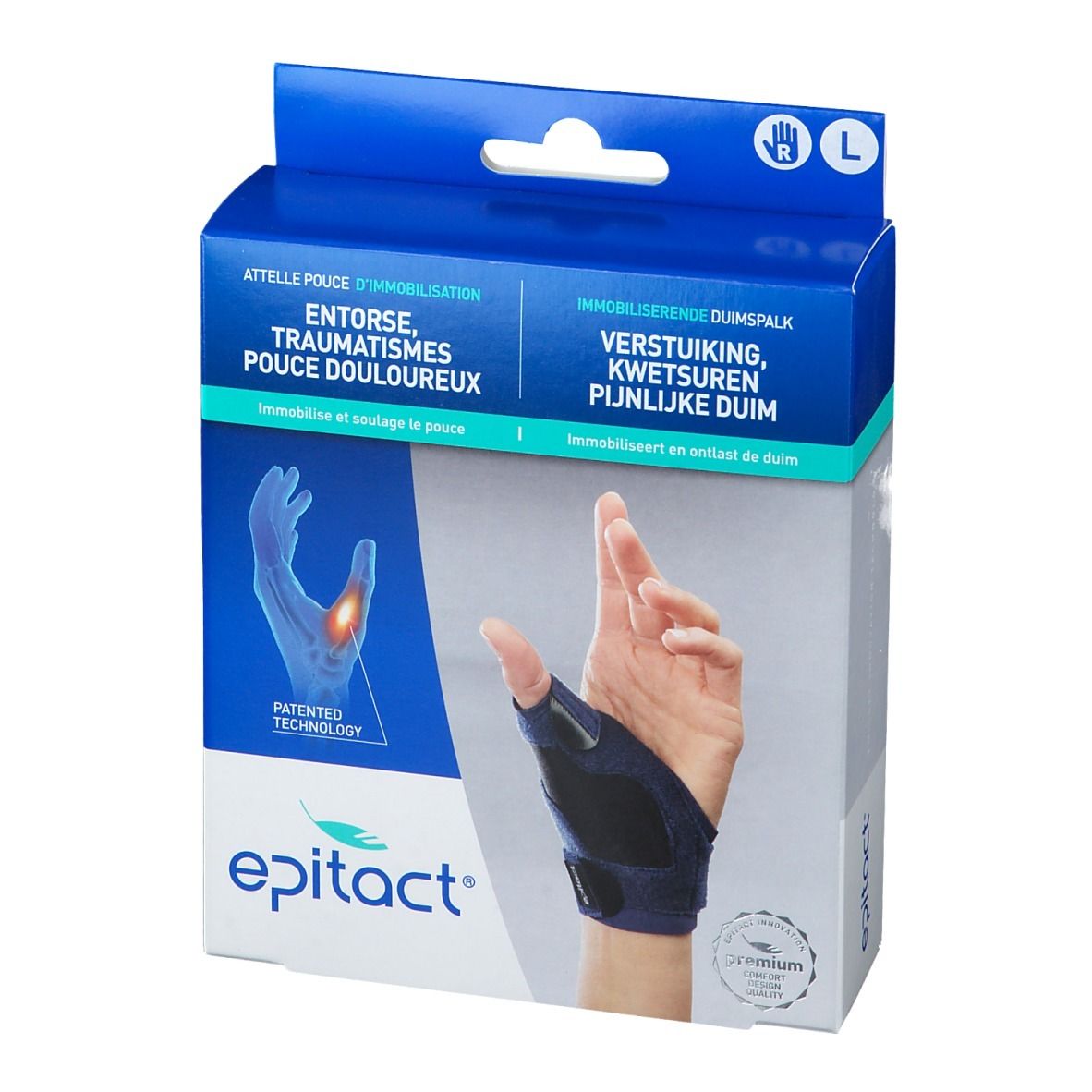 Boîte Epitact, image du produit et taille L. Indications en français. Attelle pour pouce, entorse, traumatismes.
