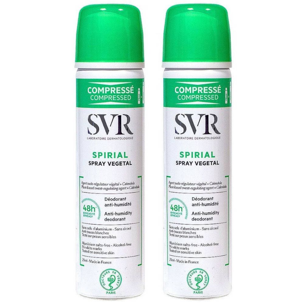 Zwei Sprays mit grünen Deckeln. Aufschrift: SVR, SPIRIAL SPRAY VEGETAL, 48h Anti-Humidité. Zertifizierung.