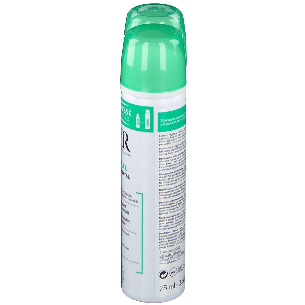 Spray mit grünem Deckel. Aufschrift: SVR, SPIRIAL SPRAY VEGETAL. Rückseite mit Text und Zertifizierung.