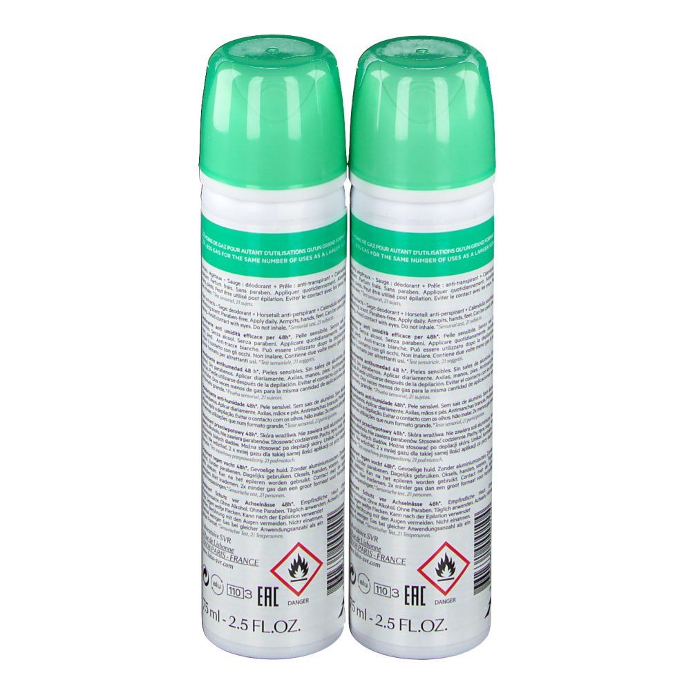 Zwei Sprays mit grünen Deckeln. Rückseite mit Text, Warnsymbolen und Zertifizierung.