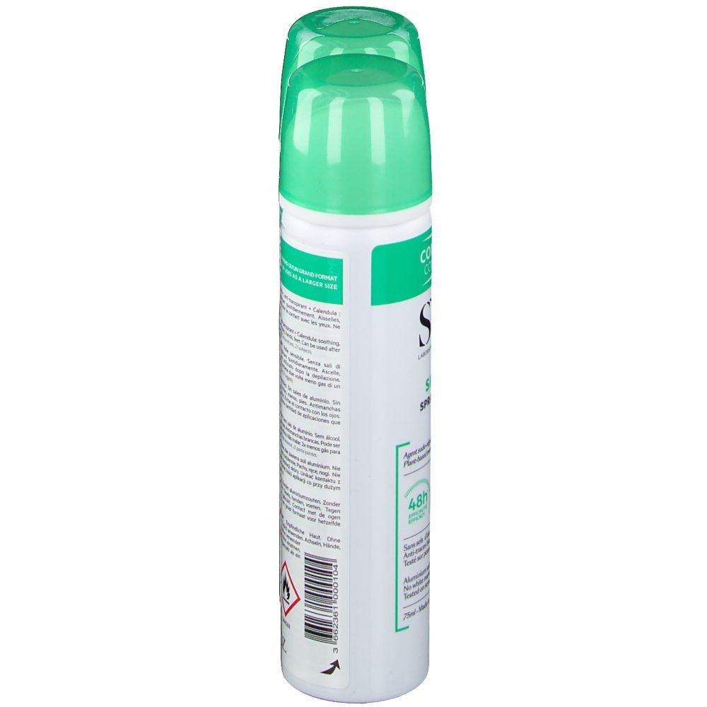 Spray mit grünem Deckel. Aufschrift: SVR, SPIRIAL SPRAY VEGETAL. Rückseite mit Text und Warnsymbol.