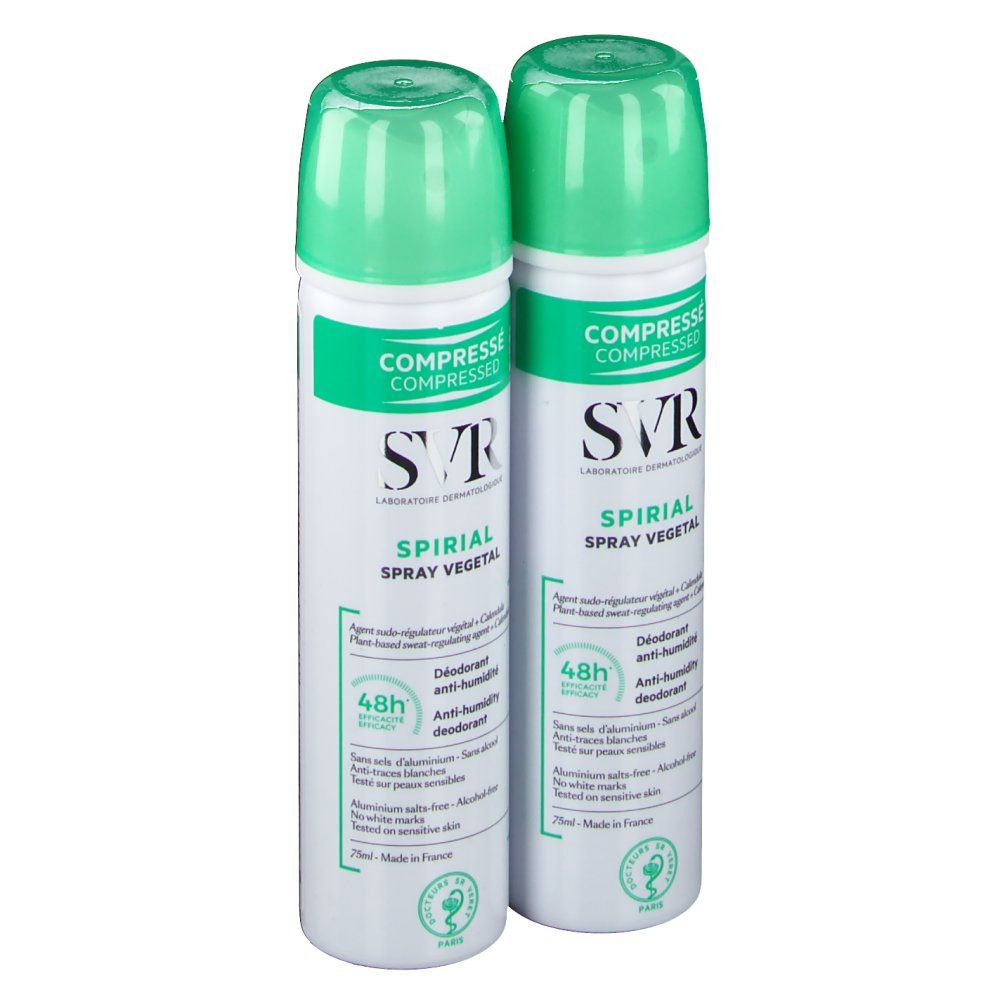 Zwei Sprays mit grünen Deckeln. Aufschrift: SVR, SPIRIAL SPRAY VEGETAL, 48h Anti-Humidité. Zertifizierung.
