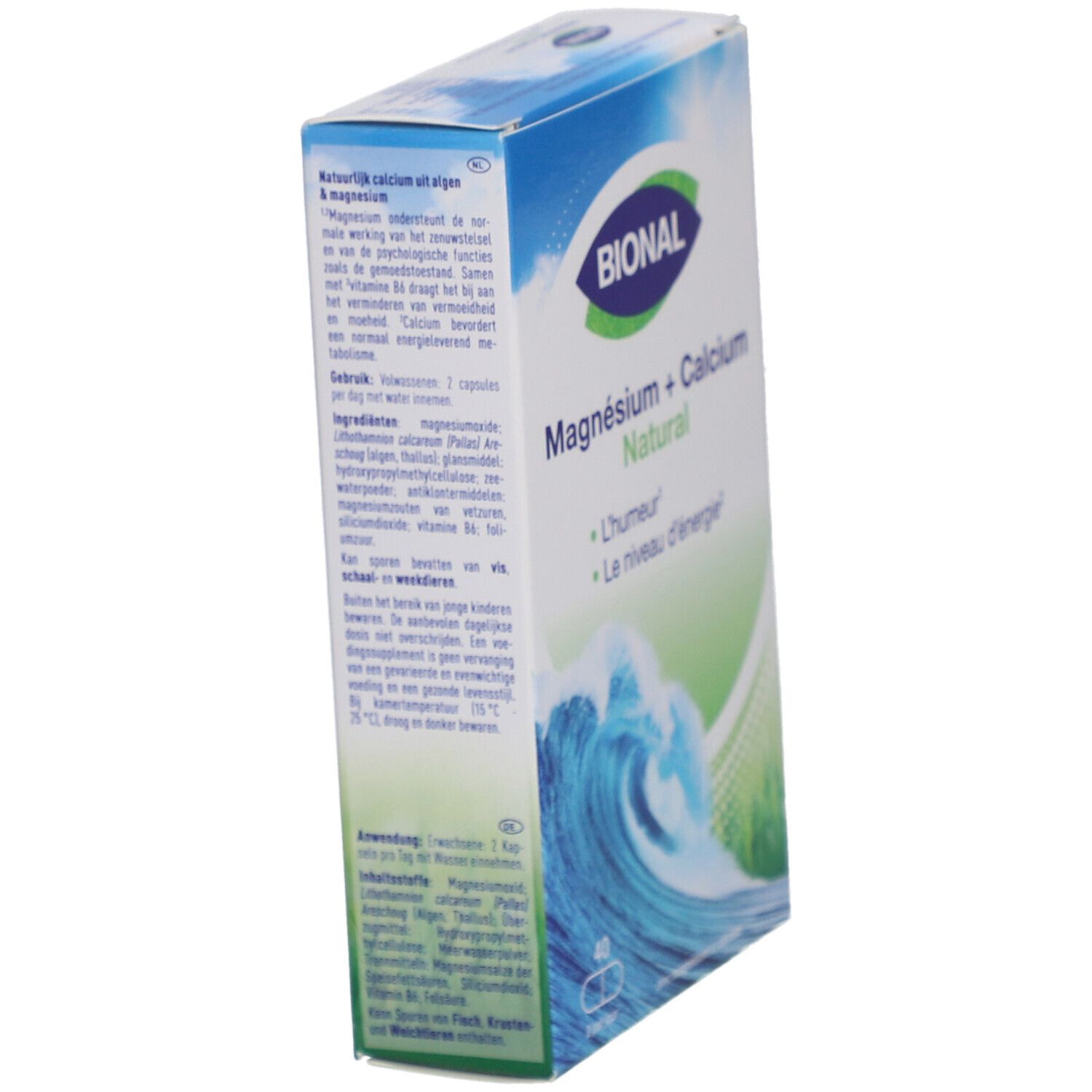 BIONAL-Verpackung "Magnesium + Calcium Natural". Wellenmotiv. Text und Inhaltsstoffe.