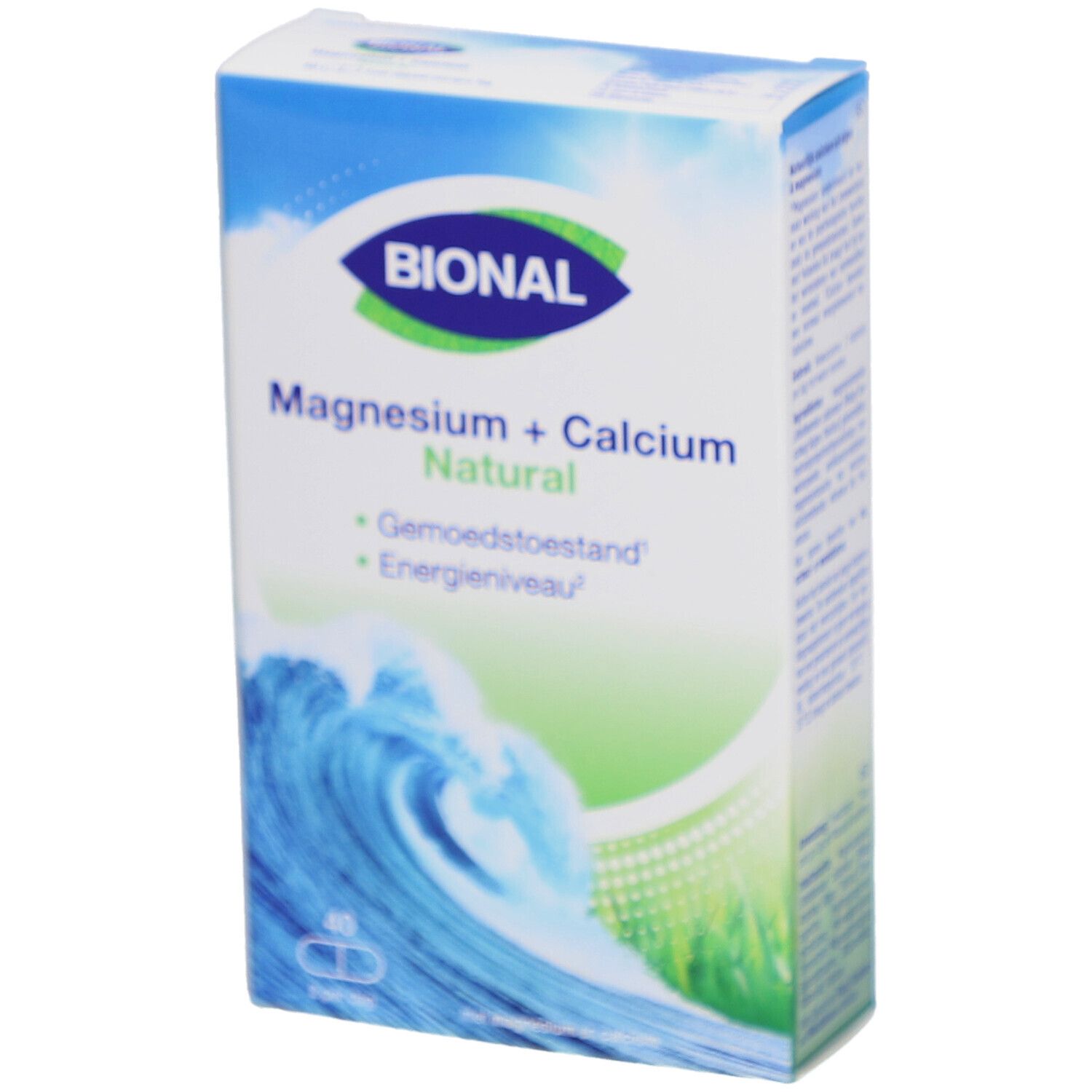 BIONAL-Verpackung "Magnesium + Calcium Natural". Wellenmotiv. 40 Kapseln.