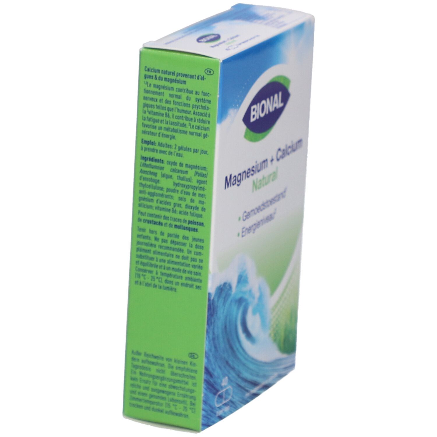 BIONAL-Verpackung "Magnesium + Calcium Natural". Wellenmotiv. Text und Inhaltsstoffe.
