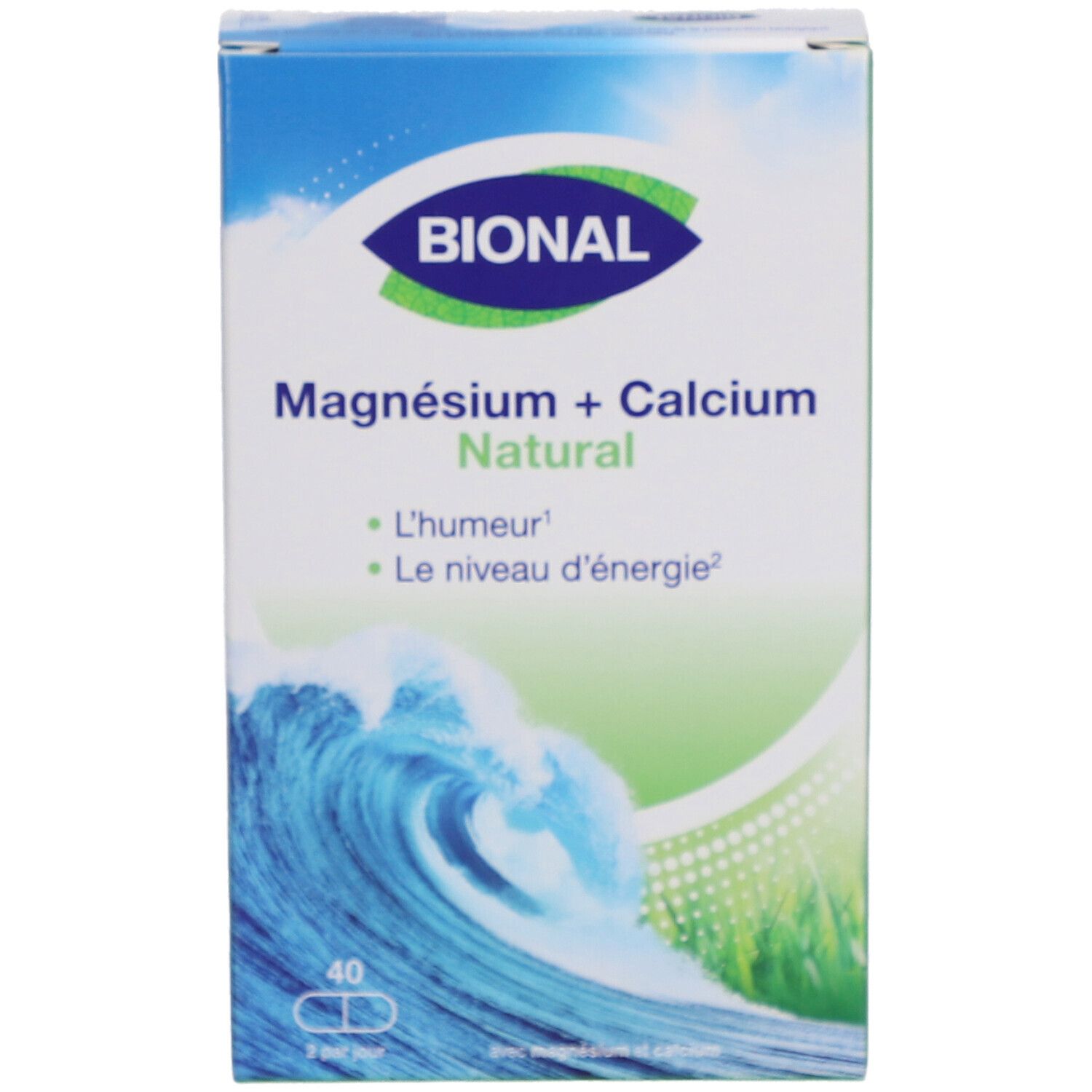 BIONAL-Verpackung "Magnesium + Calcium Natural". Wellenmotiv. 40 Kapseln.