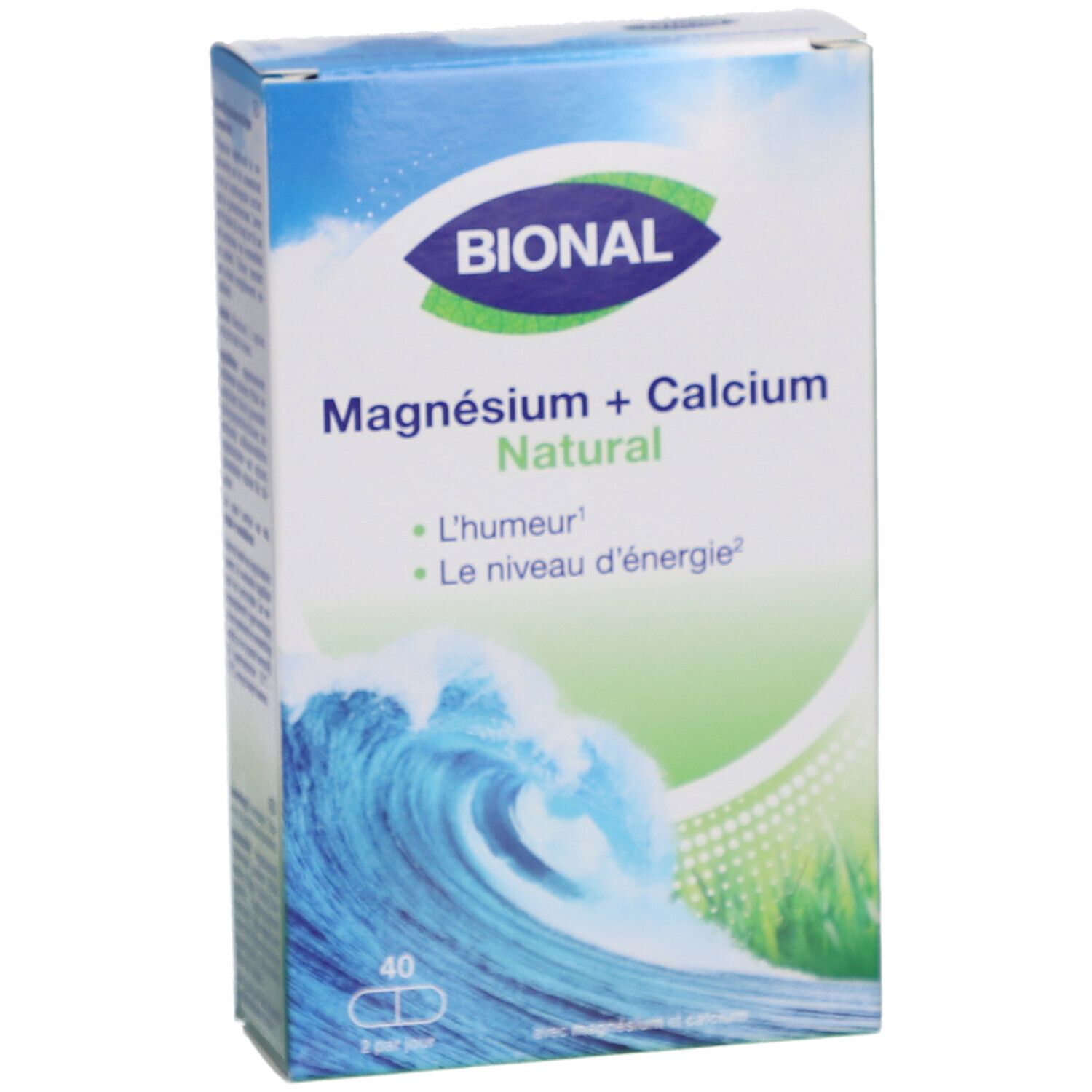 BIONAL-Verpackung "Magnesium + Calcium Natural". Wellenmotiv. 40 Kapseln.
