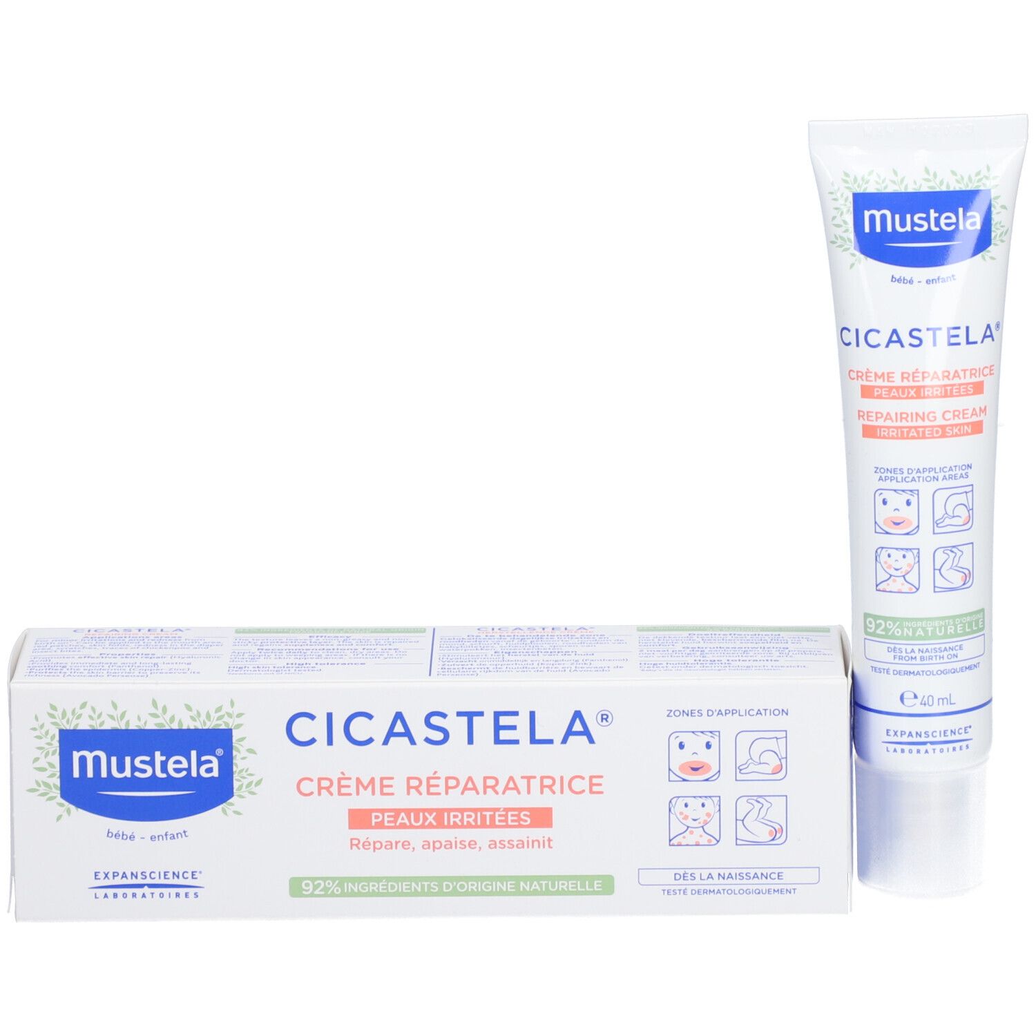 Mustela Cicastela Crème Réparatrice tube en doos. Doos met productnaam en toepassingsgebieden.