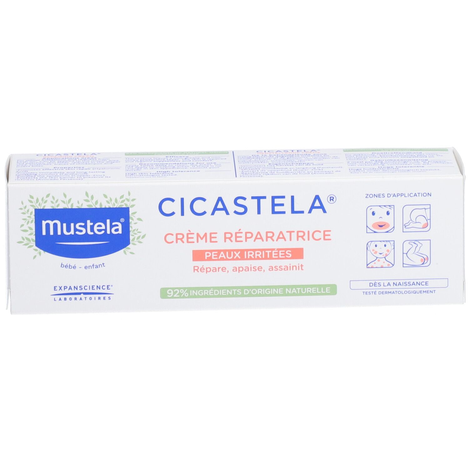 Witte doos met Mustela Cicastela Crème Réparatrice. Productnaam, toepassingsgebieden en 92% natuurlijke ingrediënten.