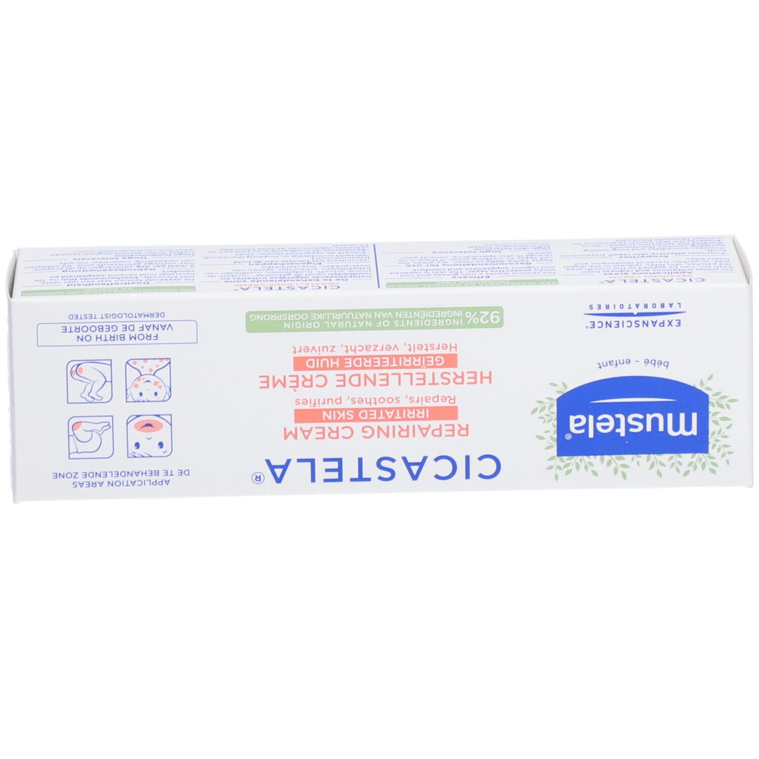 Doos met Mustela Cicastela Crème Réparatrice. Productnaam, toepassingsgebieden en 92% natuurlijke ingrediënten.