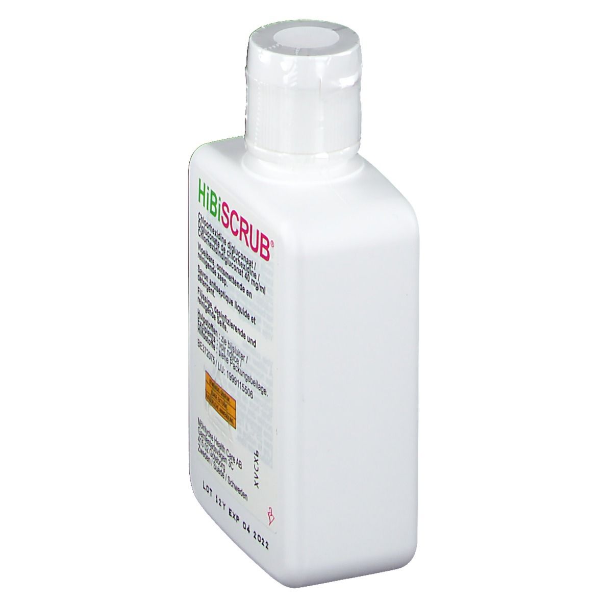 Flacon blanc HiBiSCRUB. Étiquette avec texte et accent rose. Bouchon blanc. Vue détaillée.