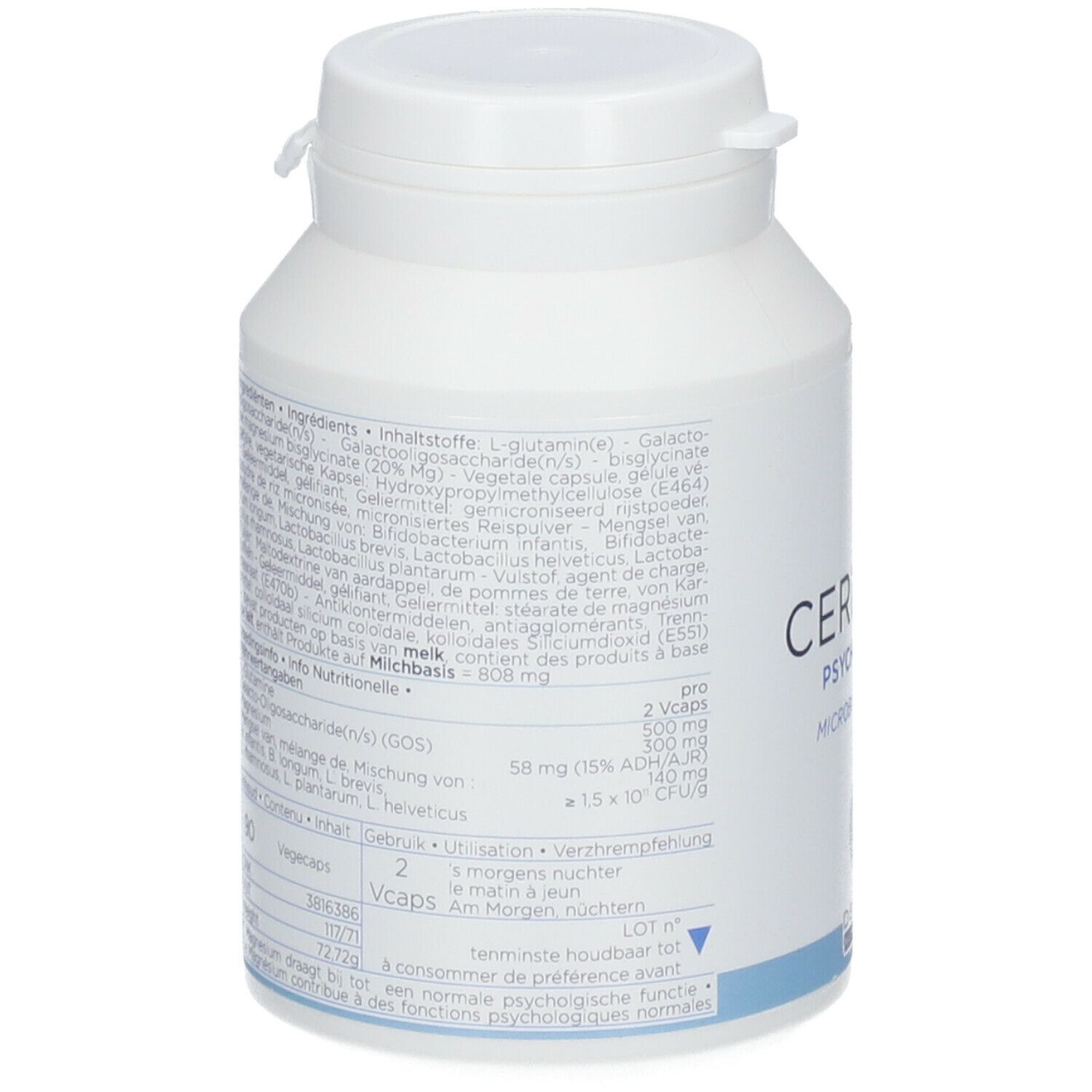 Flacon blanc avec informations produit. Inscription : CERINAX®, PSYCHOBIOTIC, MICROBIOTICS + MG+. Liste des ingrédients et dosage.