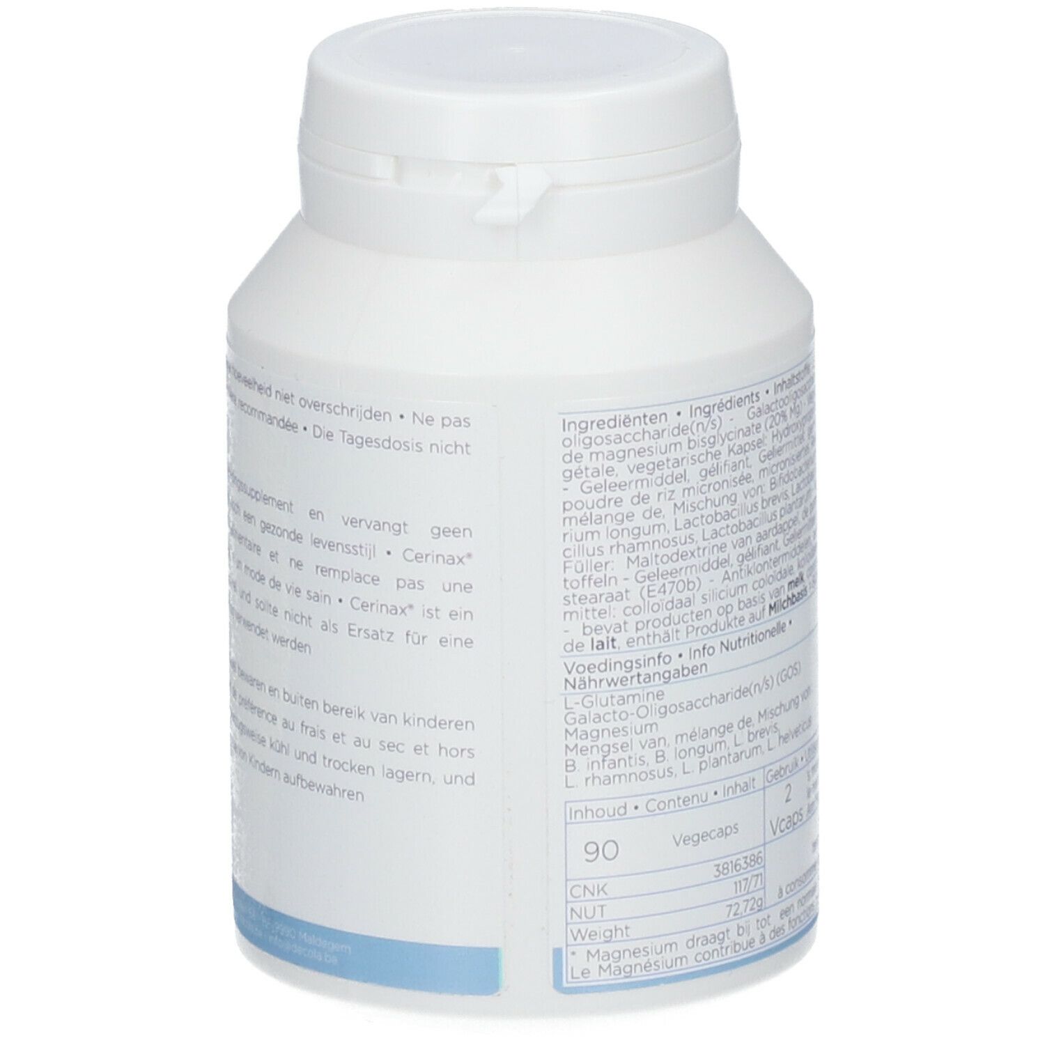 Flacon blanc avec informations produit. Inscription : CERINAX®, PSYCHOBIOTIC, MICROBIOTICS + MG+. Liste des ingrédients et dosage.