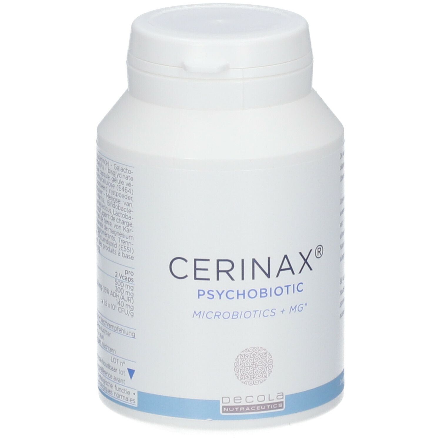 Flacon blanc avec impression CERINAX®. Inscription : PSYCHOBIOTIC, MICROBIOTICS + MG+. Logo DECOLA NUTRACUETICS.