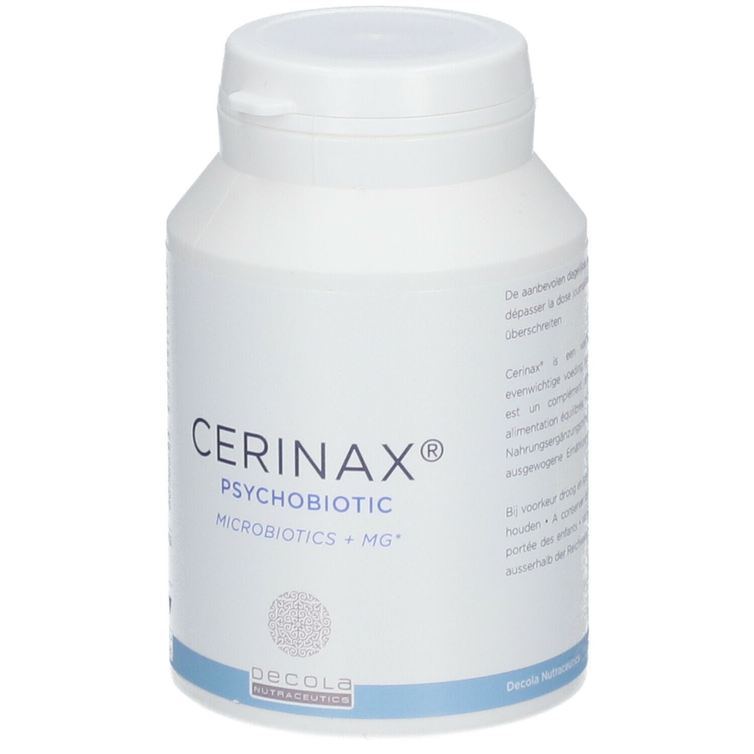 Flacon blanc avec impression CERINAX®. Inscription : PSYCHOBIOTIC, MICROBIOTICS + MG+. Logo DECOLA NUTRACUETICS.