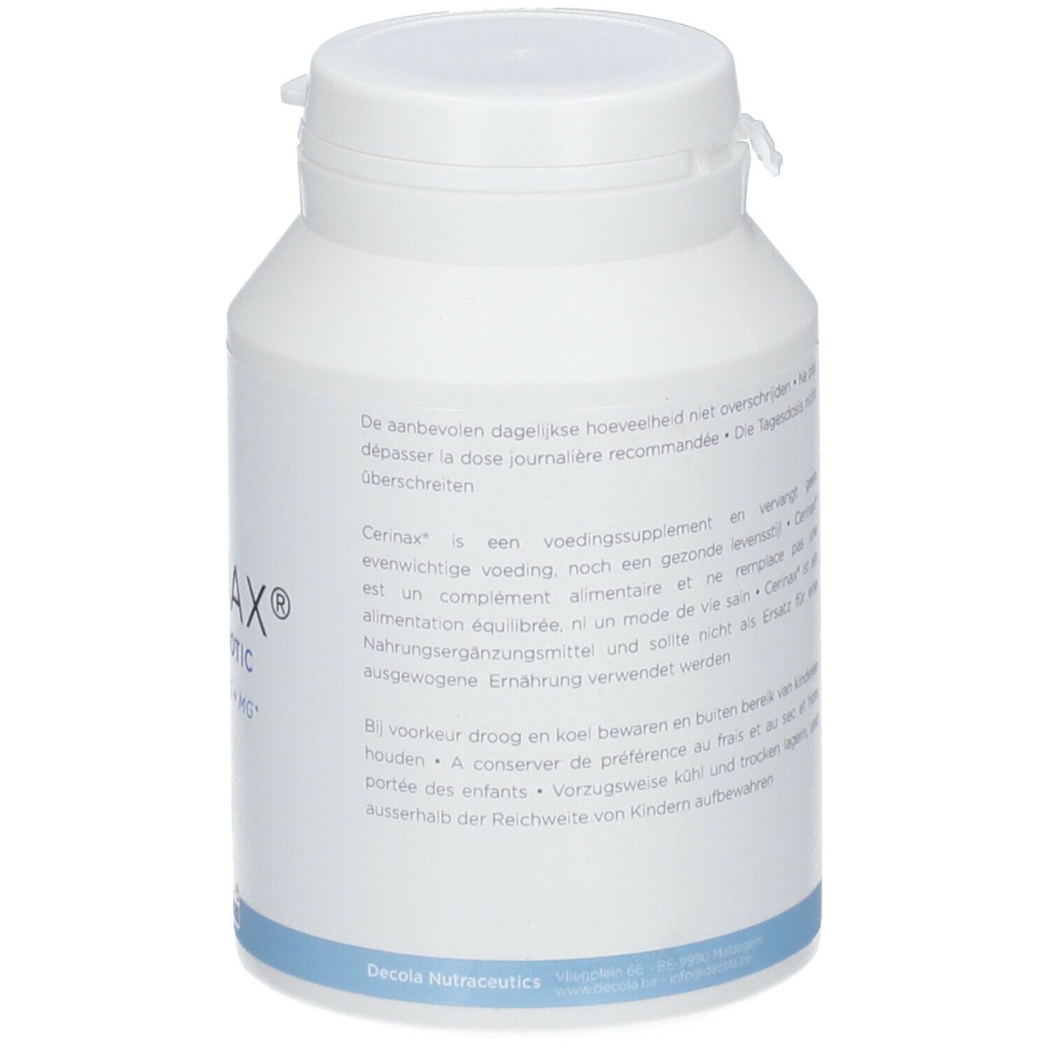 Flacon blanc avec informations produit. Inscription : CERINAX®, PSYCHOBIOTIC, MICROBIOTICS + MG+. Logo DECOLA NUTRACUETICS.