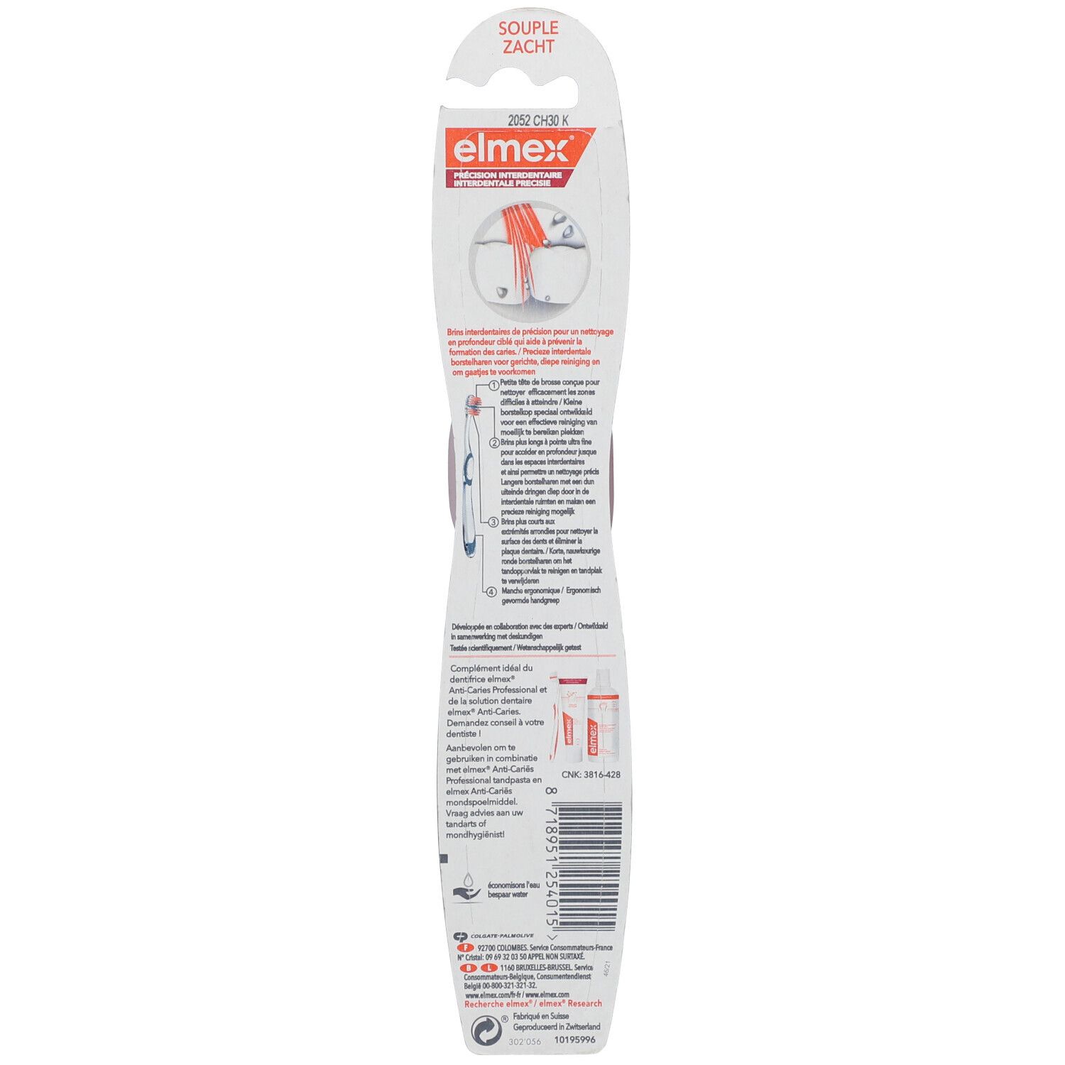 Zahnbürste auf Verpackung. Weißer Griff, roter Bürstenkopf. Marke elmex® sichtbar. Text: SOUPLE ZACHT.