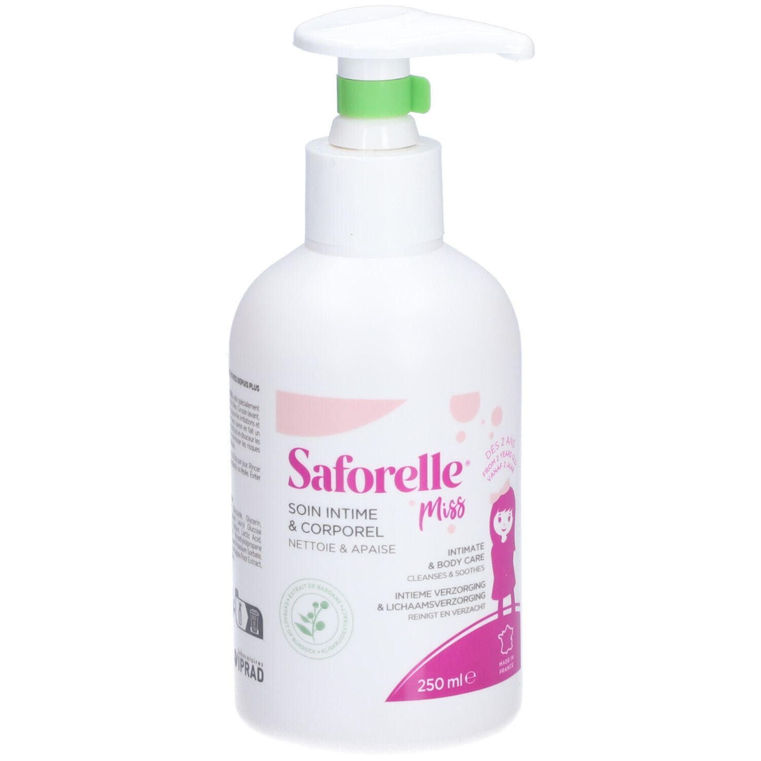 Flacon blanc avec pompe. Inscription: Saforelle miss, Soin intime & corporel. 250 ml. Accents roses et verts.