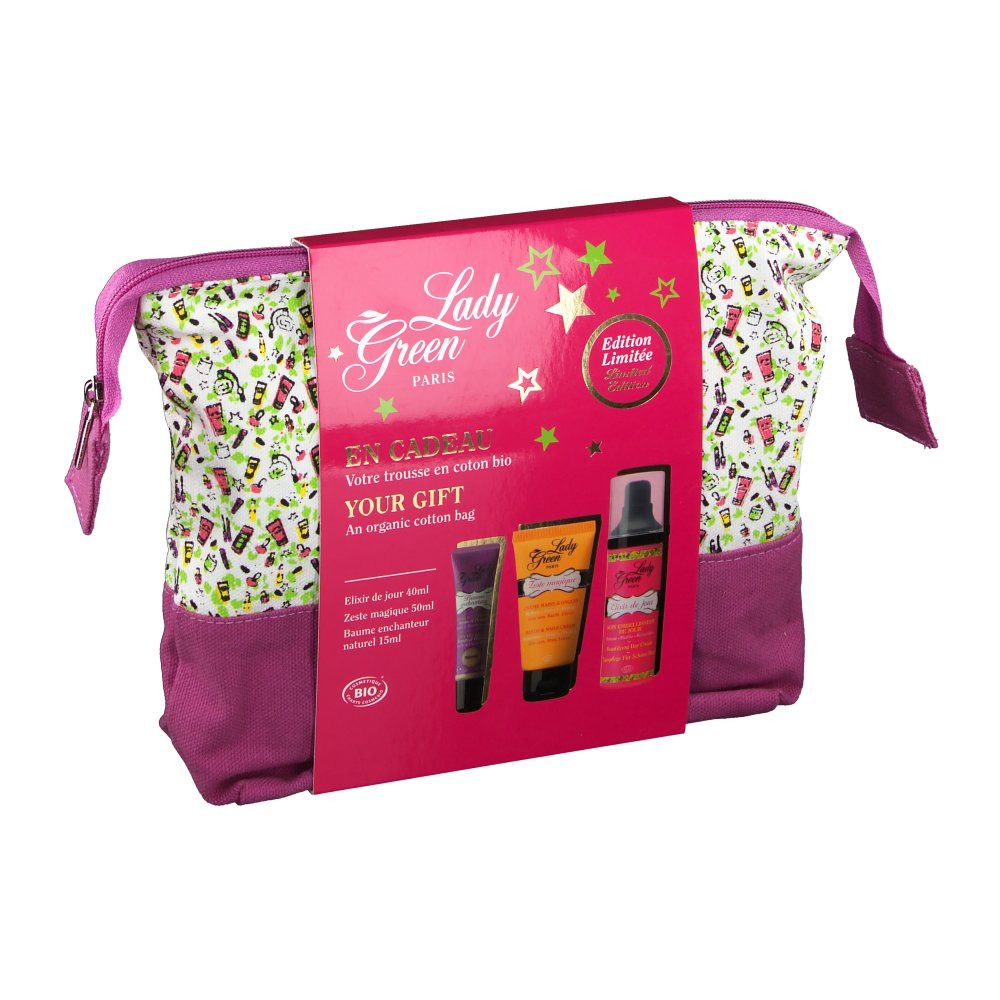 Trousse de toilette Lady Green, édition limitée. Sac en coton bio avec trois produits. Emballage rose avec texte et étoiles.