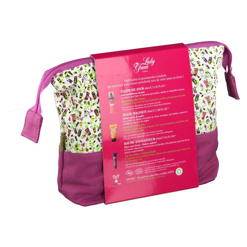 Vue arrière de la trousse Lady Green. Trousse rose avec motif floral. Informations sur les produits sur l'emballage.