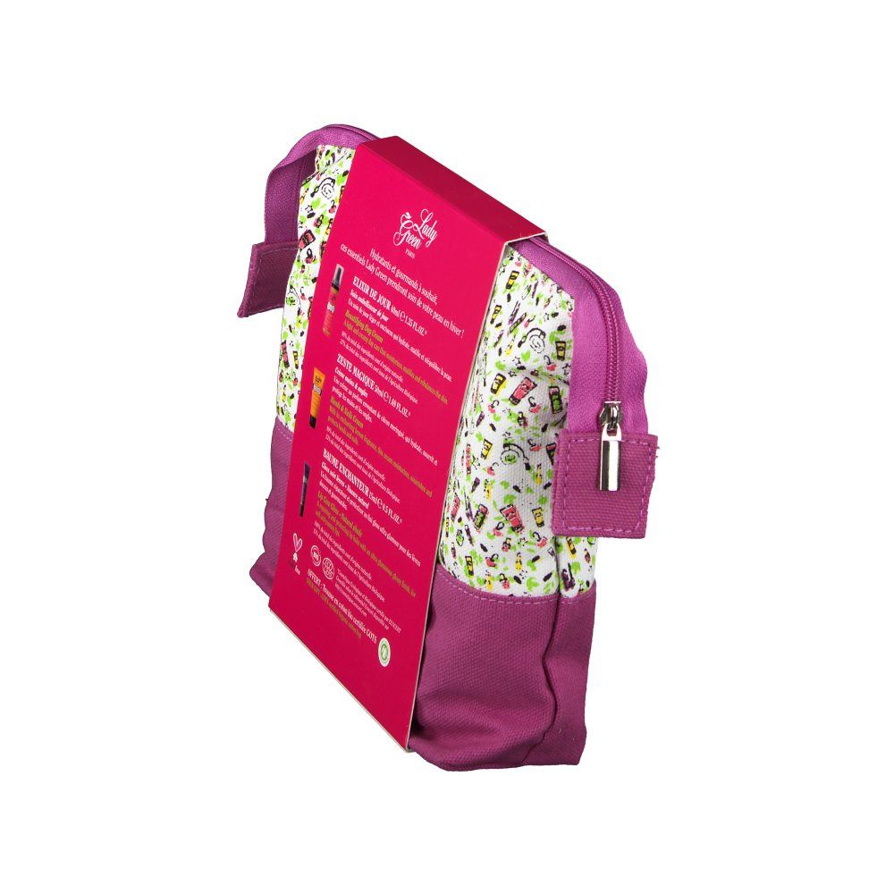 Vue latérale oblique de la trousse Lady Green. Trousse rose avec motif floral et emballage des produits.