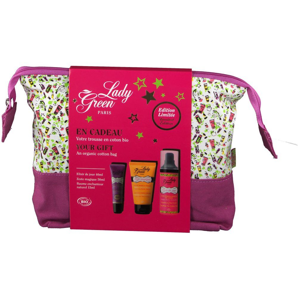 Vue de face de la trousse Lady Green. Trousse rose avec motif floral et emballage cadeau. Trois produits visibles.