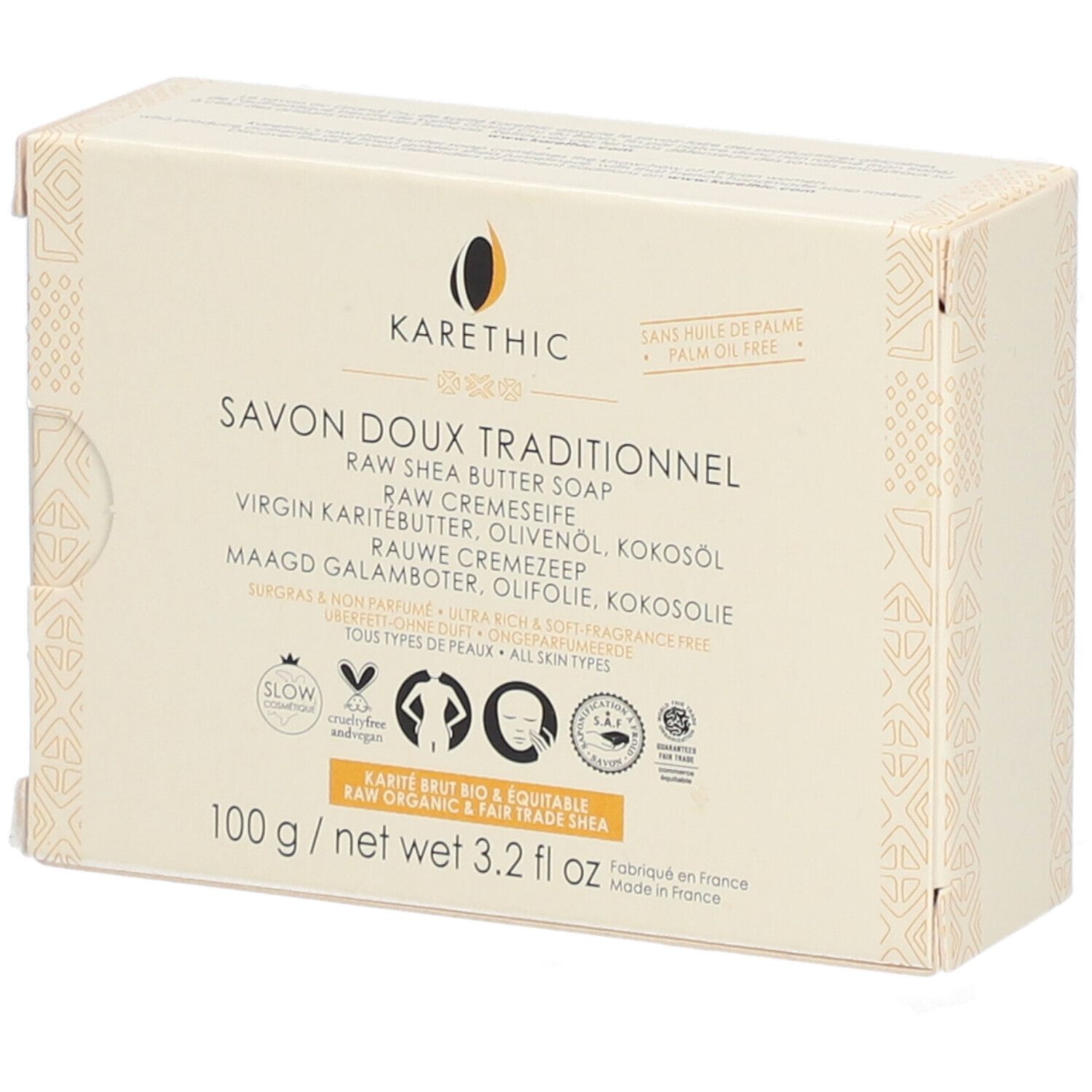 Kartonverpackung mit Karethic-Seife. Aufschrift: Savon Doux Traditionnel, Raw Shea Butter Soap. Logos und Zertifizierungen.