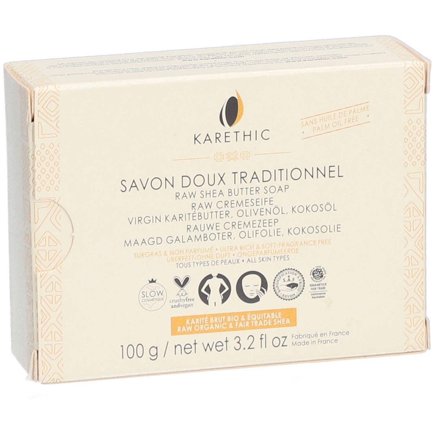 Kartonverpackung mit Karethic-Seife. Aufschrift: Savon Doux Traditionnel, Raw Shea Butter Soap. Logos und Zertifizierungen.