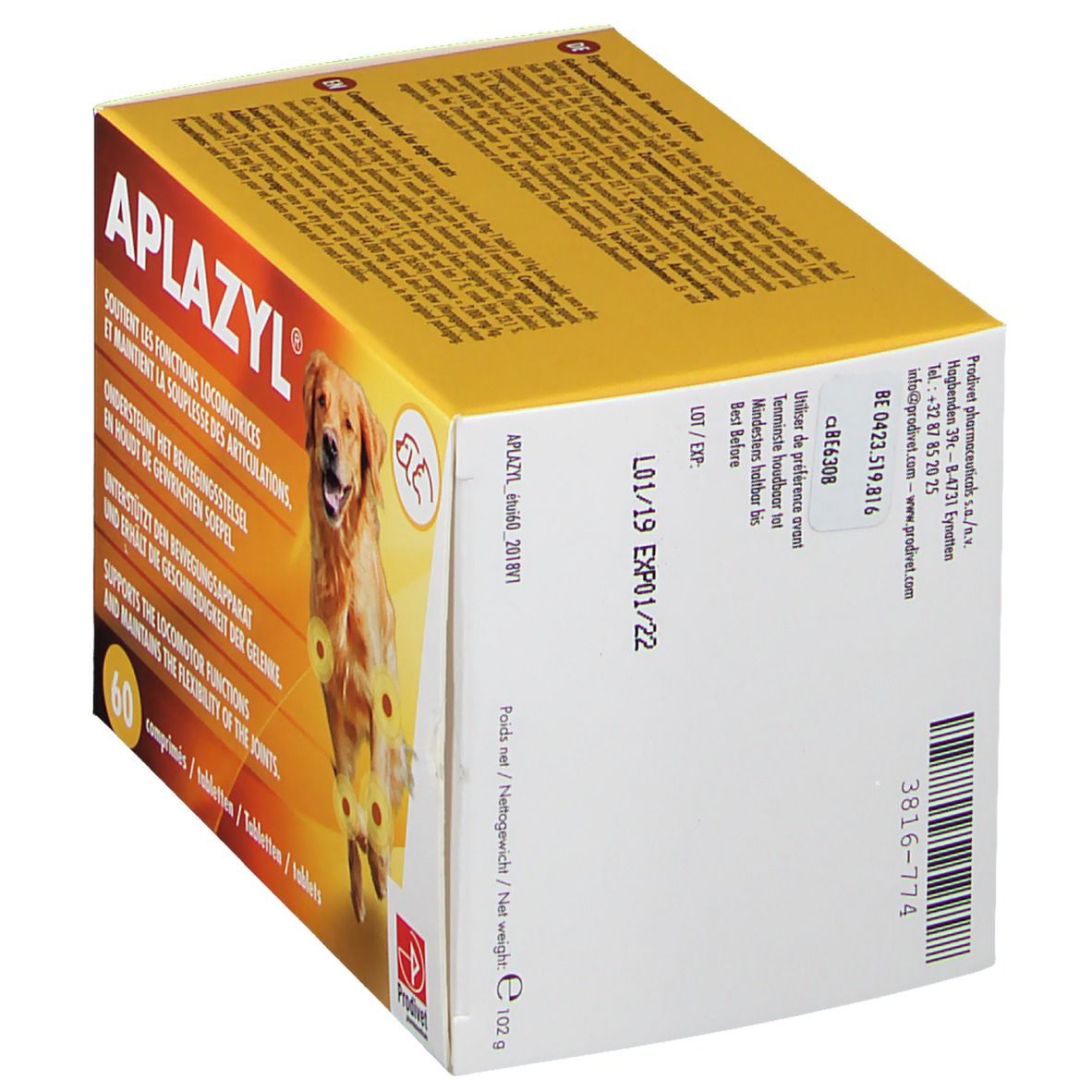 Boîte APLAZYL jaune, vue latérale. Contient des informations sur les ingrédients et le fabricant. Code-barres et date de péremption.