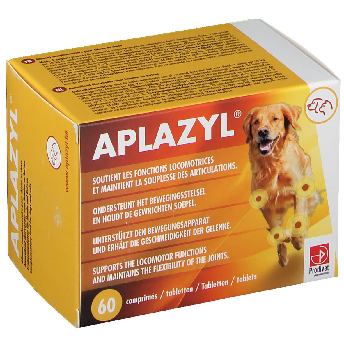 Boîte jaune APLAZYL avec chien. Contient 60 comprimés. Texte en allemand, français, néerlandais et anglais.